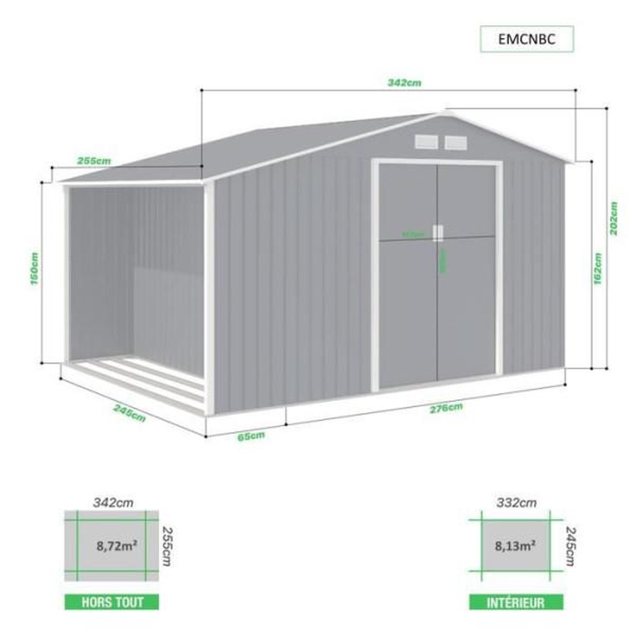 Voir la diapositive 4 : MARKET24 NOVA Abri de jardin en métal et abri bûches 8,72 m² - 342 x 255 x 202 - Kit d'ancrage inclus, 2 portes coulissantes - Gris