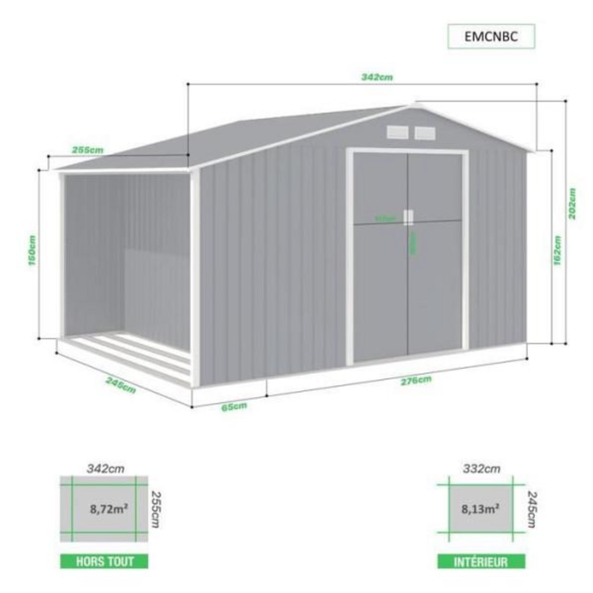 MARKET24 NOVA Abri de jardin en métal et abri bûches 8,72 m² - 342 x 255 x 202 - Kit d'ancrage inclus, 2 portes coulissantes - Gris
