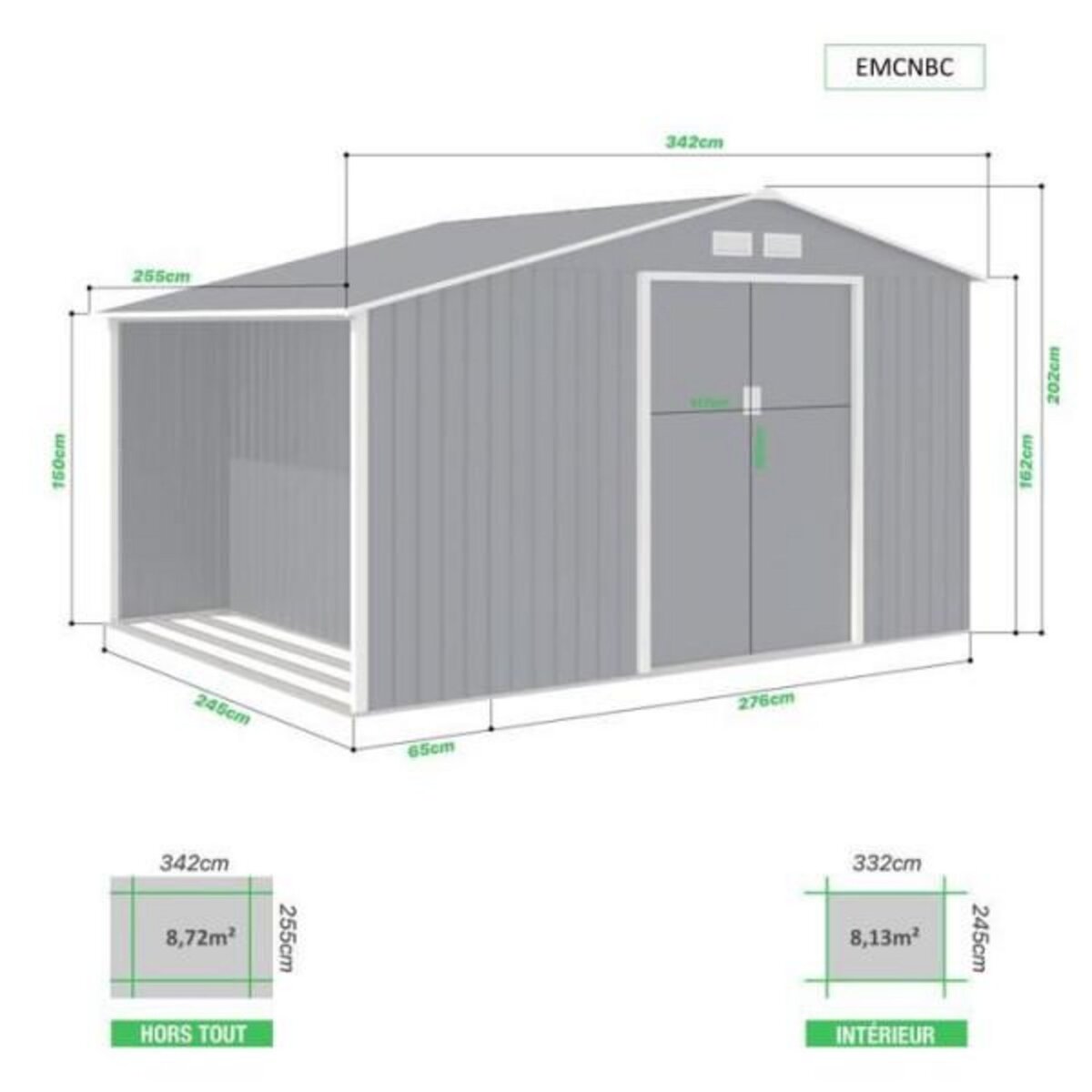 MARKET24 NOVA Abri de jardin en métal et abri bûches 8,72 m² - 342 x 255 x 202 - Kit d'ancrage inclus, 2 portes coulissantes - Gris