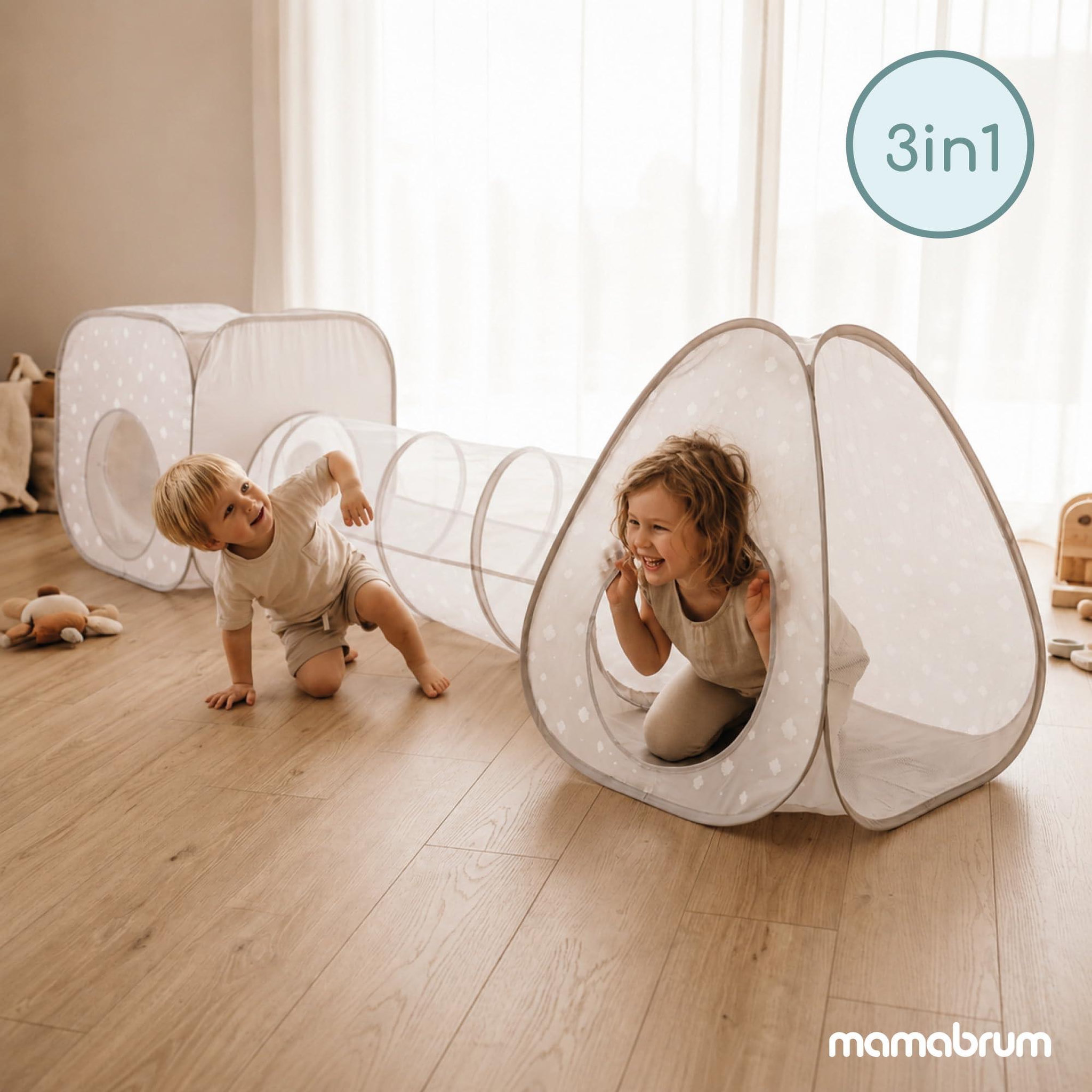 Voir la diapositive 3 : HYPERMOTION Tente Tunnel Enfant Pop-Up 3 en 1 Triangle Cube Labyrinthe Dim 302x80cm Gris
