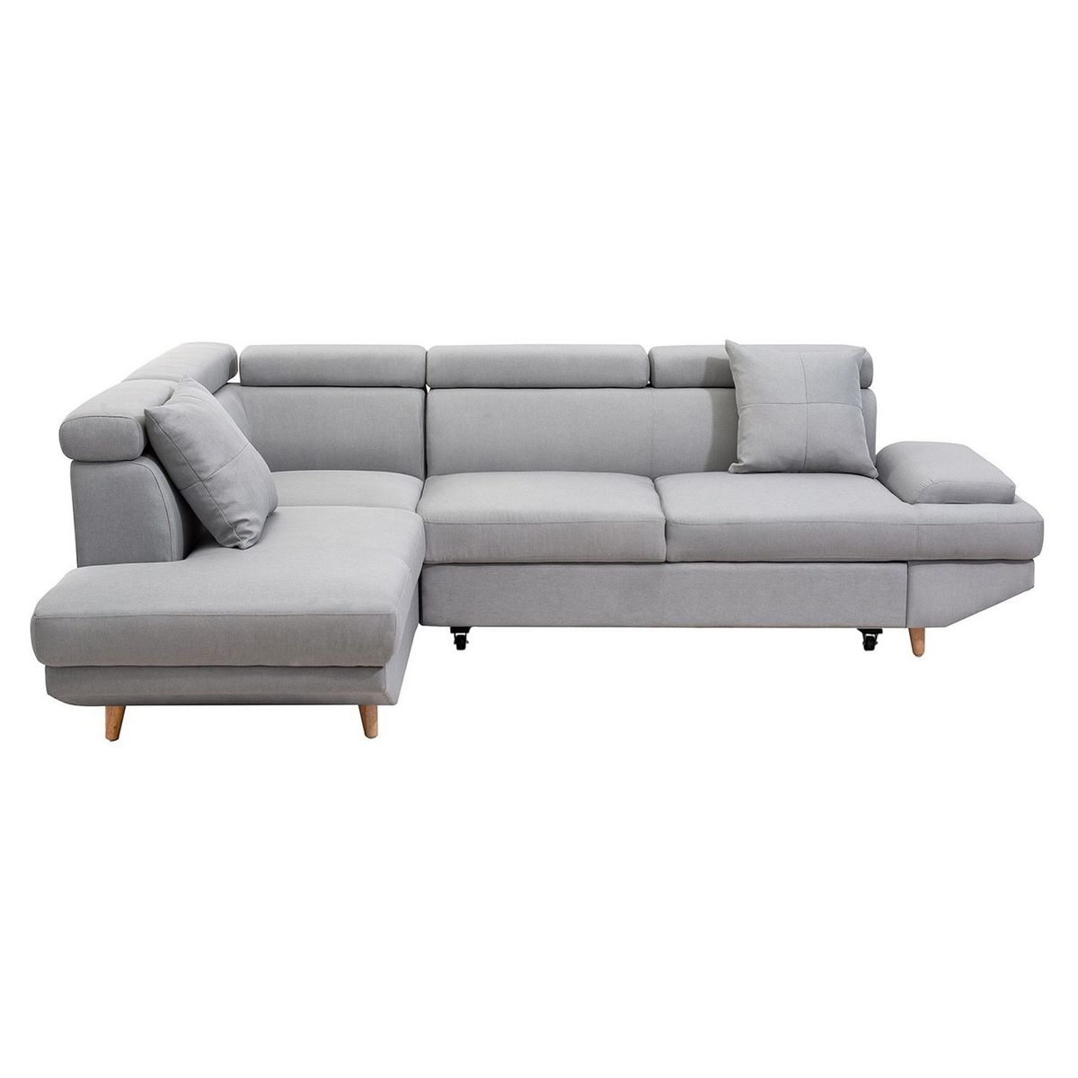 Canapé d'angle gauche convertible 5 places tissu pieds bois clair MARIUS 