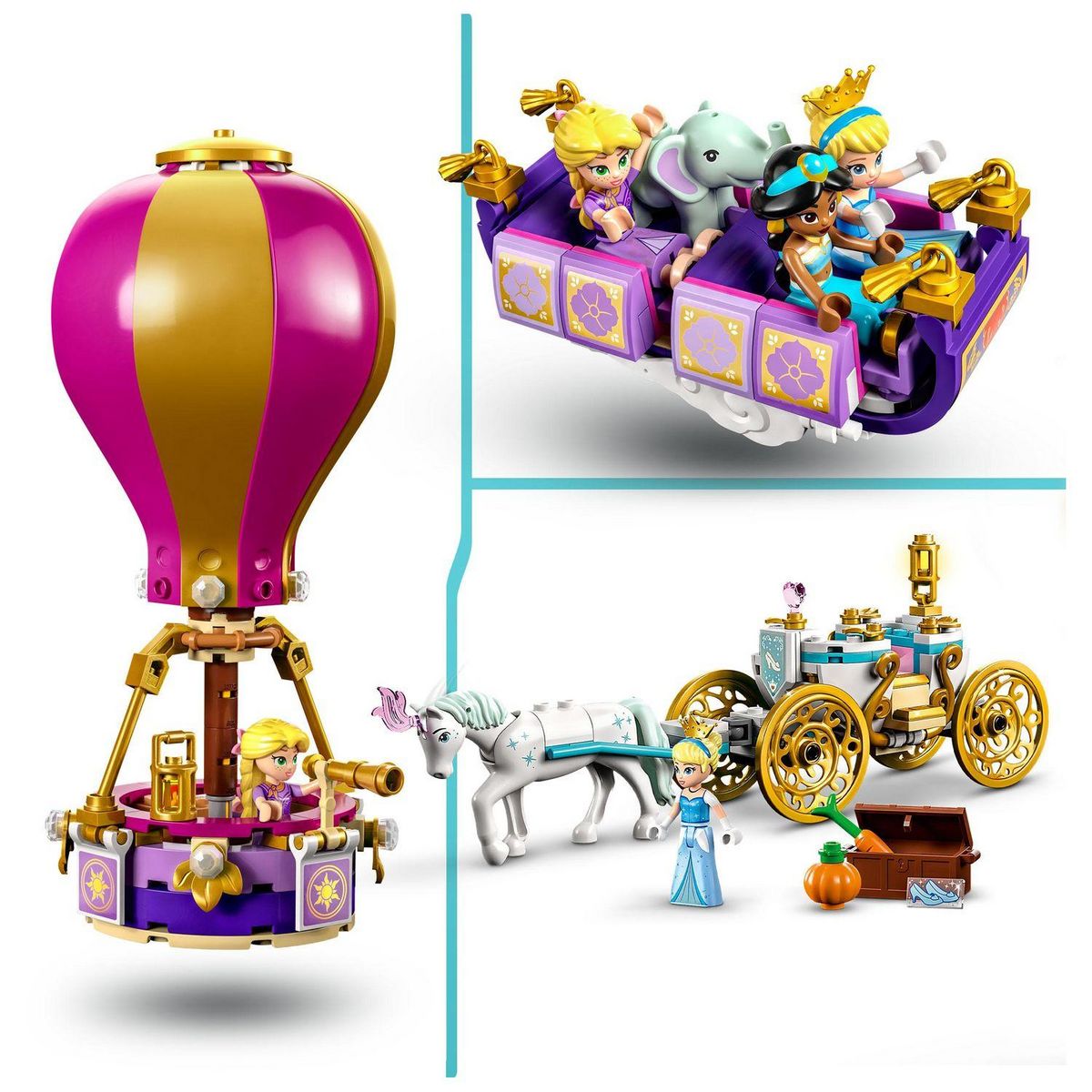 LEGO Disney Princess 43216 Le voyage enchanté des princesses, Jouet avec Mini-Poupées Cendrillon, Jasmine, Raiponce avec Cheval, Tapis volant