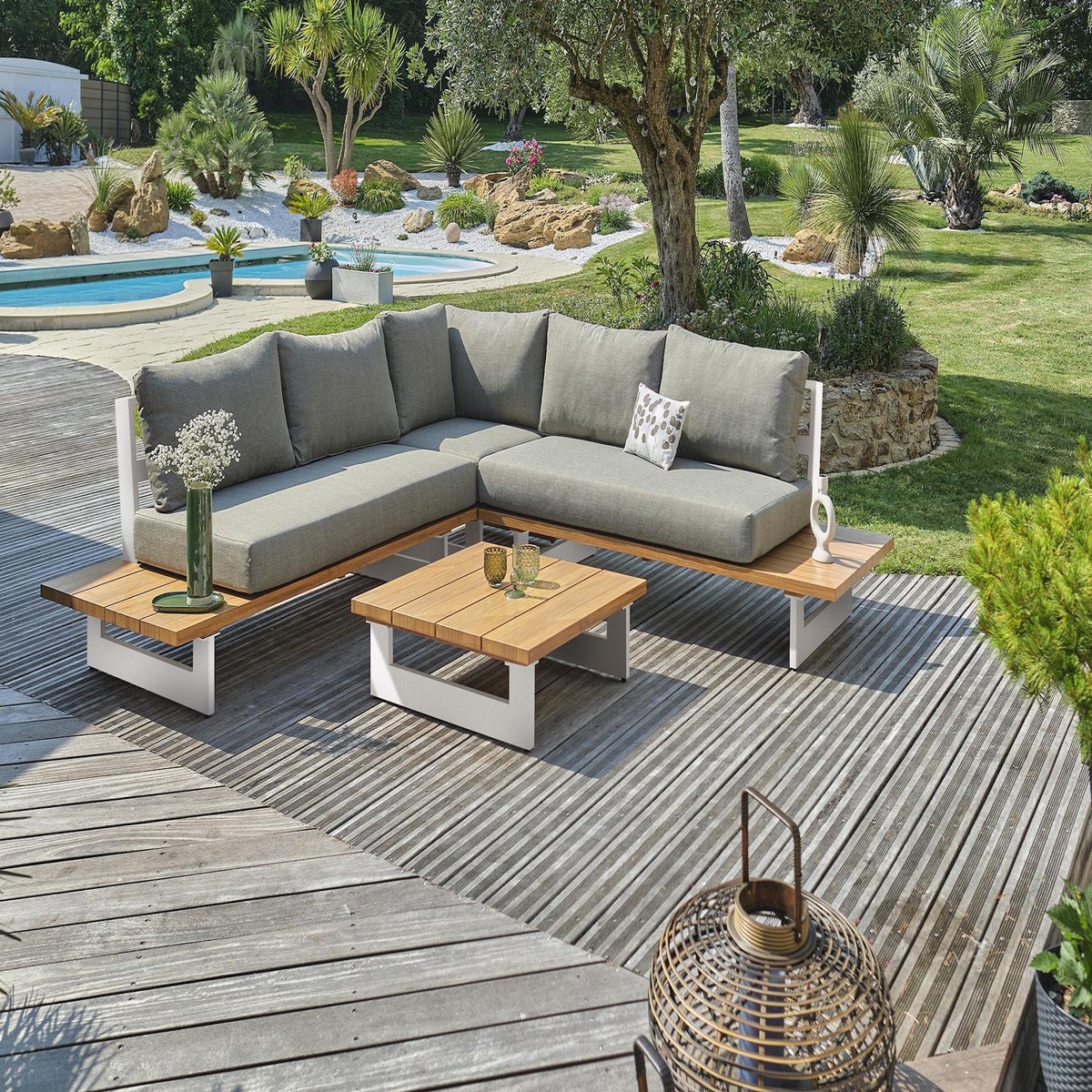 DCB GARDEN Salon de jardin 5 places en aluminium et plateau imitation bois