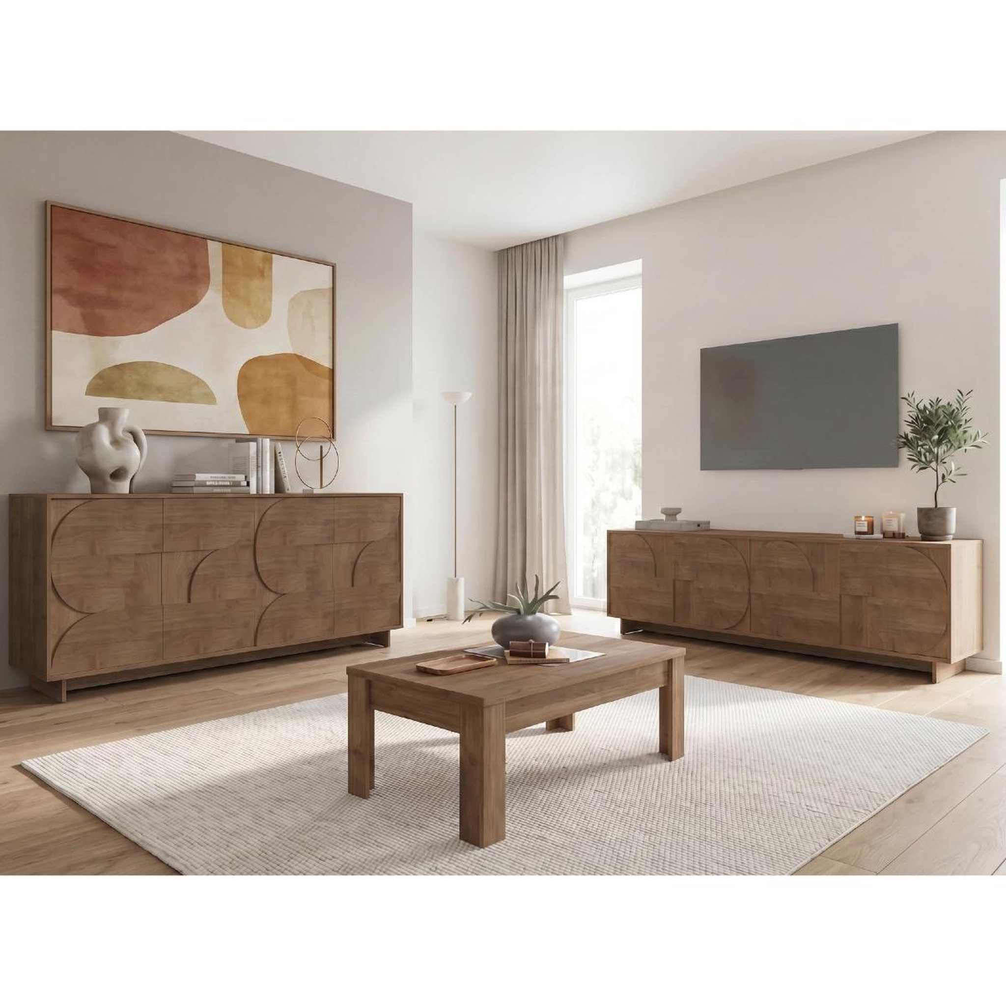 Voir la diapositive 3 : JLC KREATION Buffet bas design effet noyer portes motifs ronds 205cm zaz