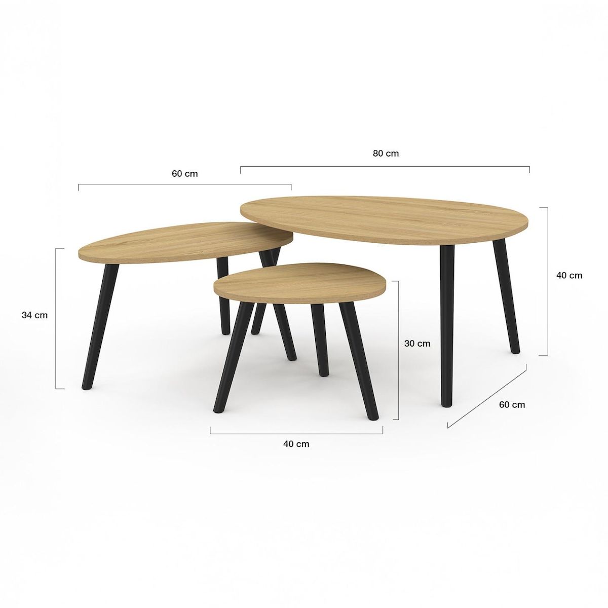 ID MARKET Lot de 3 tables basses gigognes GAIA bois et pieds noirs scandinave