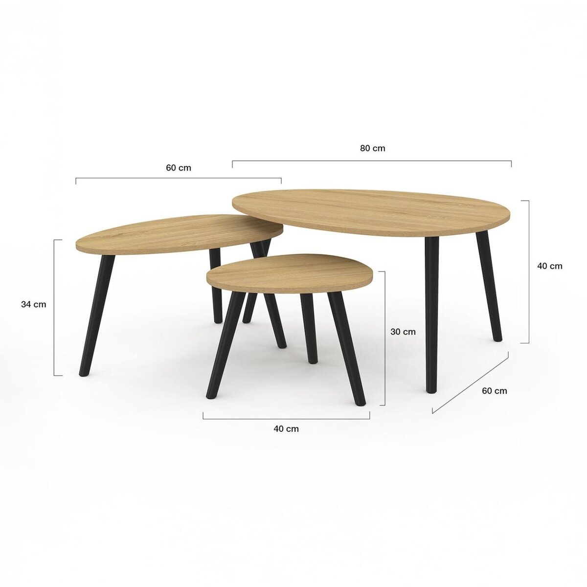 ID MARKET Lot de 3 tables basses gigognes GAIA bois et pieds noirs scandinave