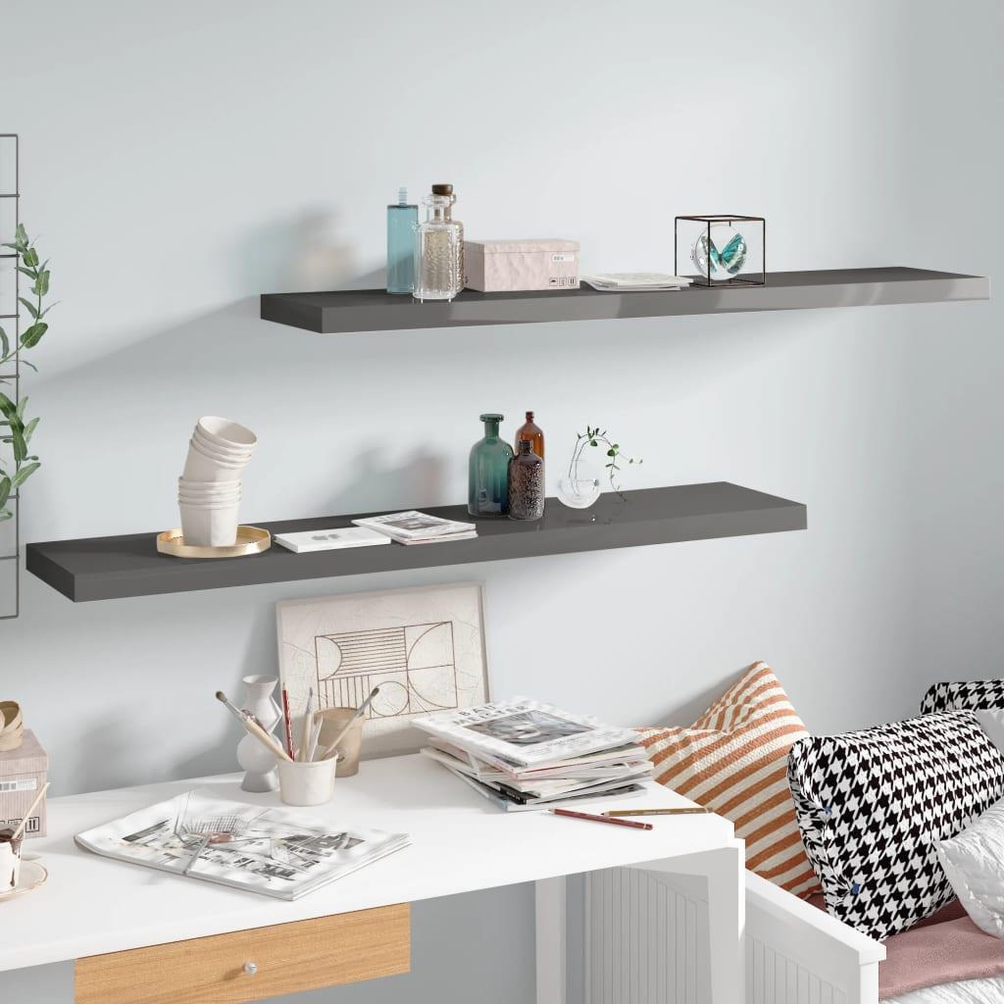 Voir la diapositive 1 : VIDAXL Etageres murales flottantes 2 pcs gris brillant 120x23,5x3,8 cm