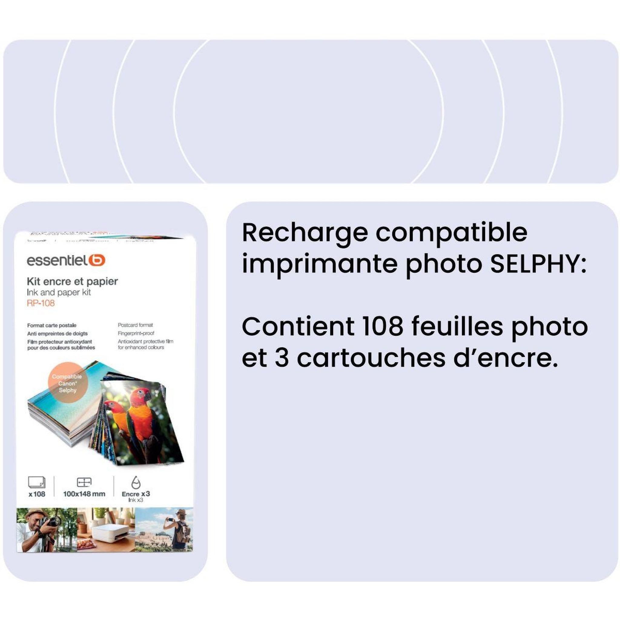 Voir la diapositive 3 : ESSENTIEL B Kit papier + encre compatible canon selphy kp-108 tirages