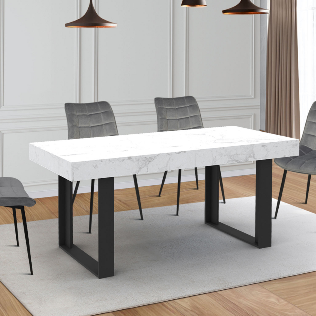 ID MARKET Table à manger extensible rectangle PHOENIX 4-8 personnes plateau effet marbre blanc ALASKA 160-200 cm