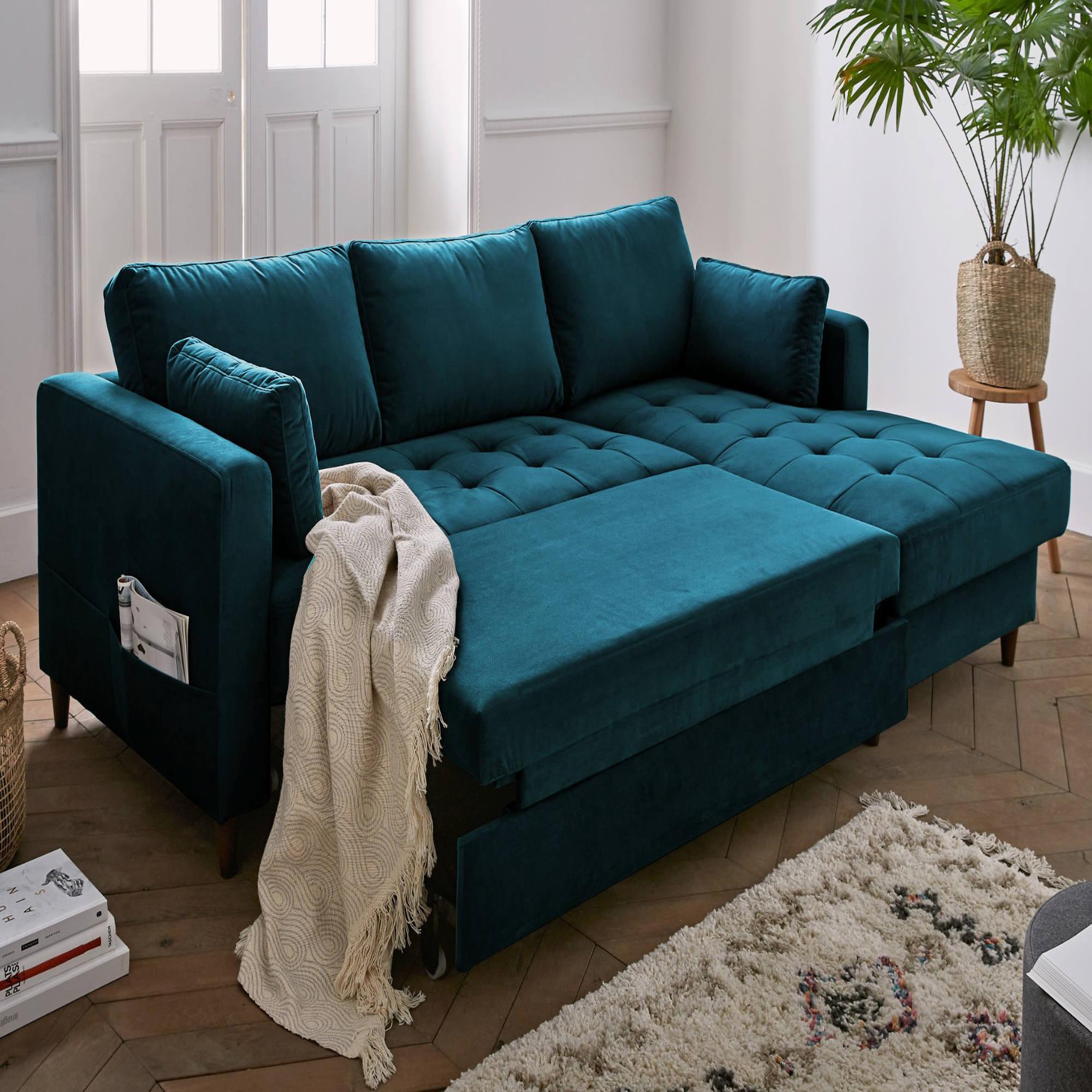 Voir la diapositive 3 : BEST MOBILIER Anna - canapé d'angle droit - 4 places - convertible avec coffre - en velours