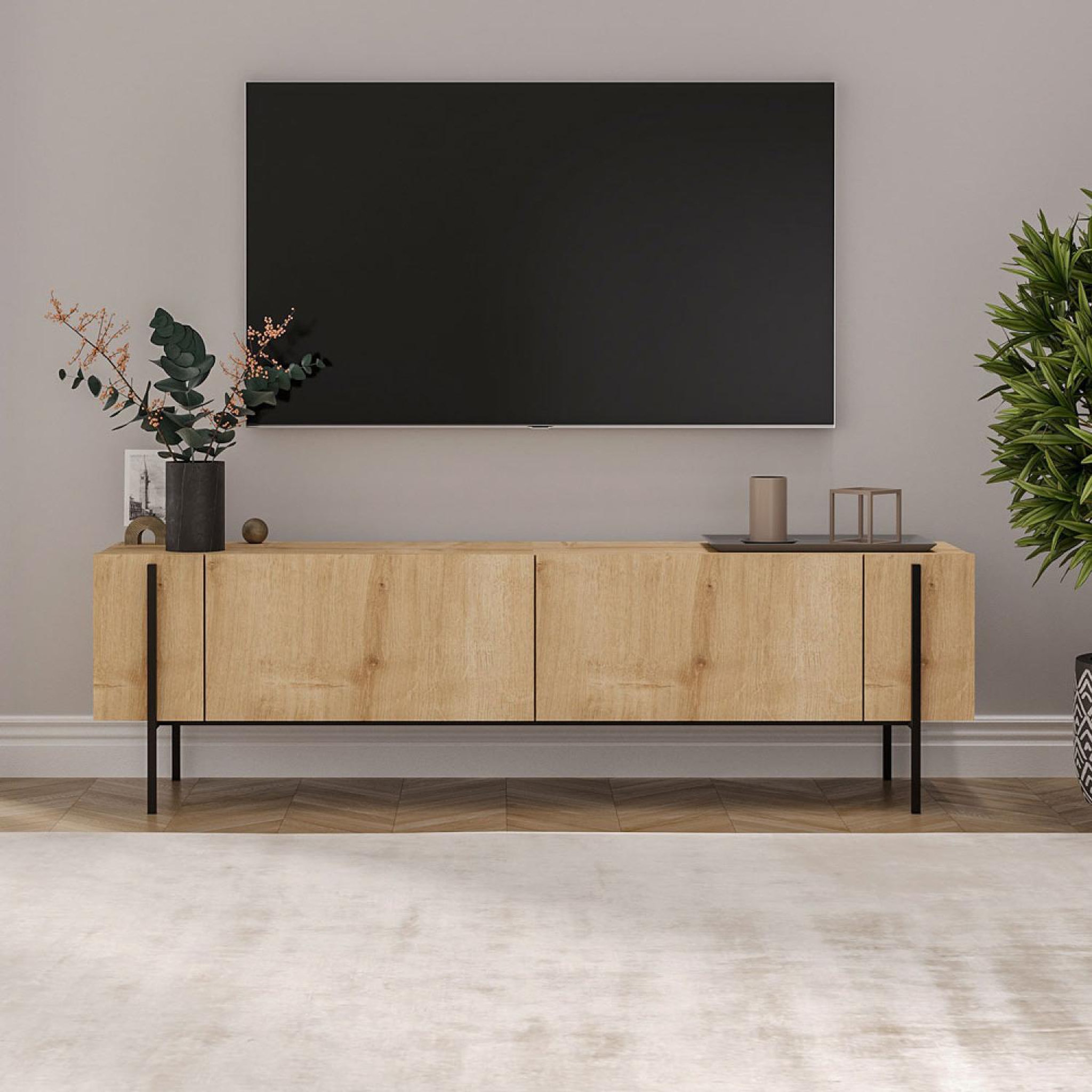 Voir la diapositive 2 : CONCEPT USINE Meuble tv avec placards bois et détails noirs 160cm frena