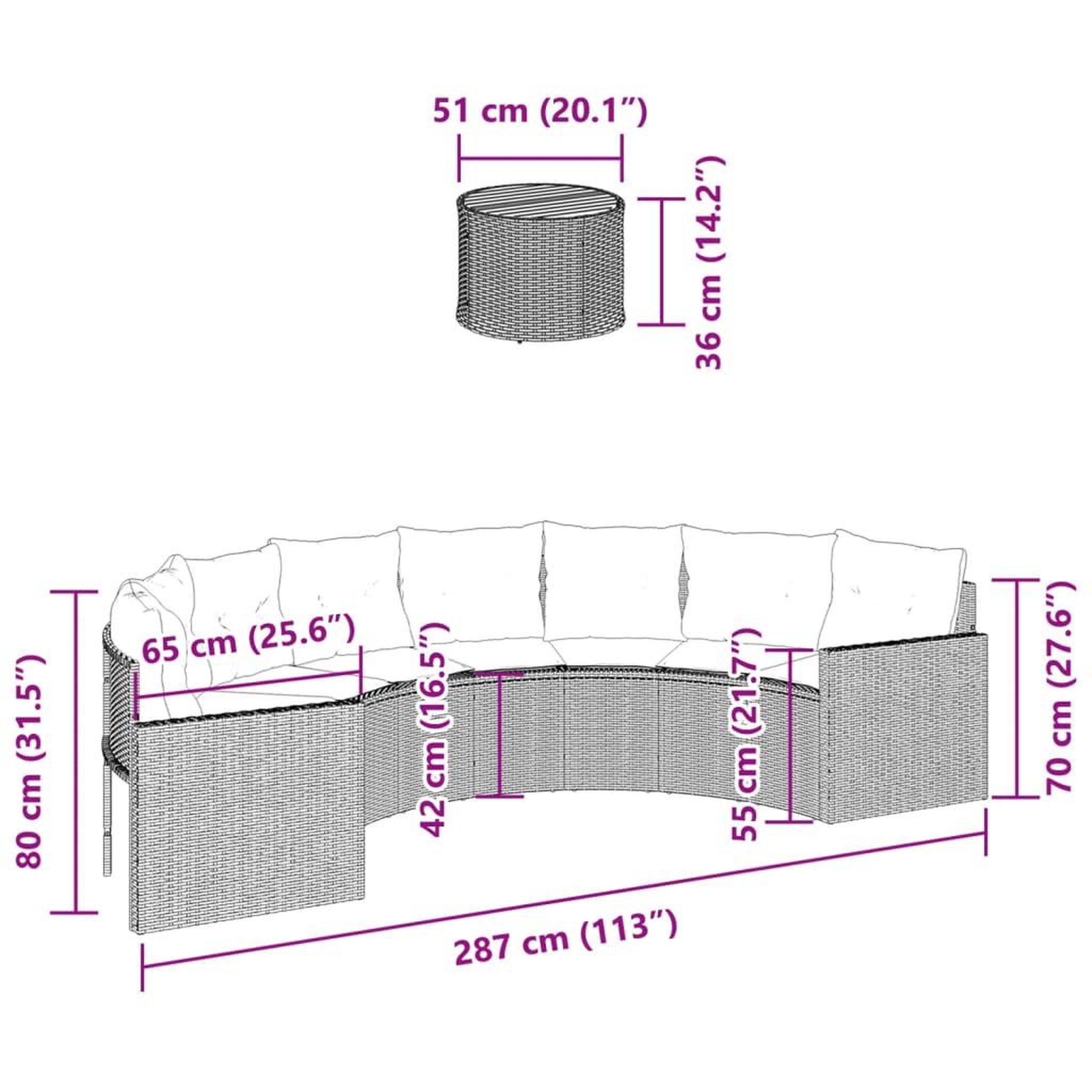 Voir la diapositive 6 : VIDAXL Canape de jardin table coussins demi-rond noir resine tressee