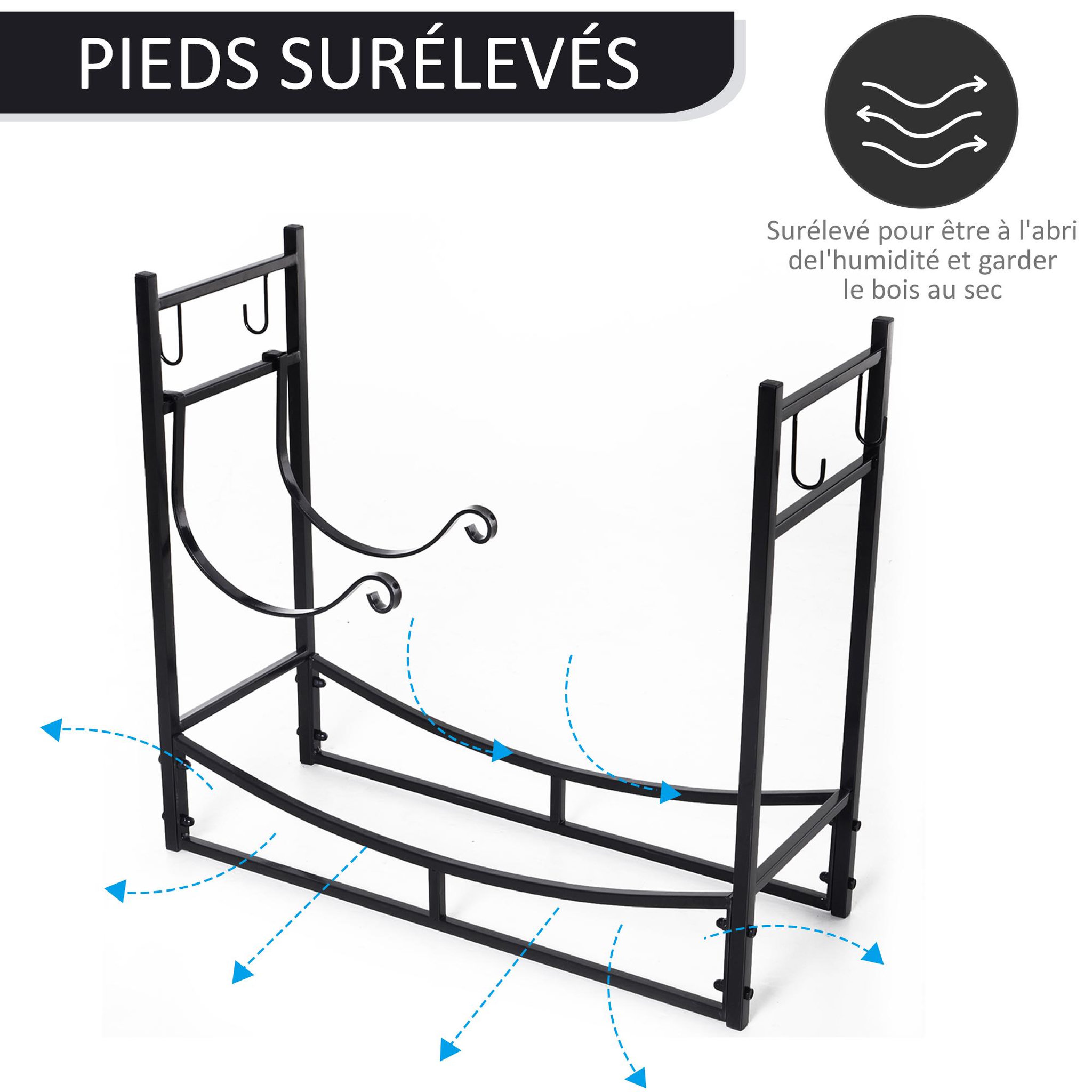 Voir la diapositive 6 : OUTSUNNY Serviteur de cheminée - porte bûches - range bûches multi accessoires étagère bûche et petit bois métal noir