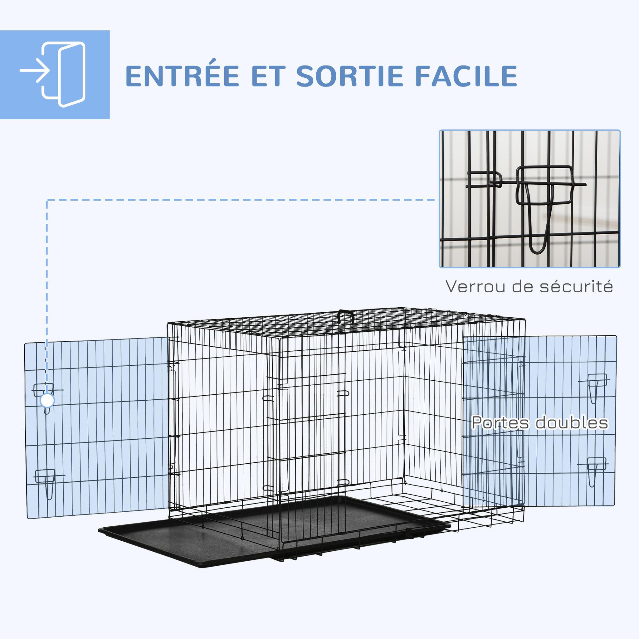 Voir la diapositive 4 : PAWHUT Cage de transport pour chien pliable - 2 portes verrouillables - plateau amovible - dim. 121l x 77l x 82h cm - acier abs noir