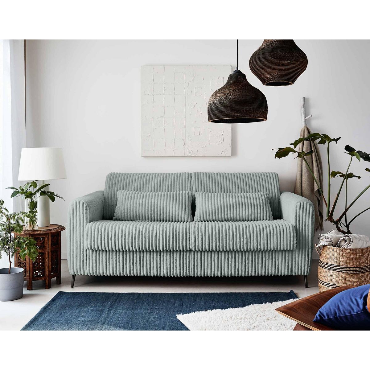 LISA DESIGN Owen - canapé 3 places convertible express couchage quotidien 140 cm matelas 12 cm en velours côtelé grosses côtes