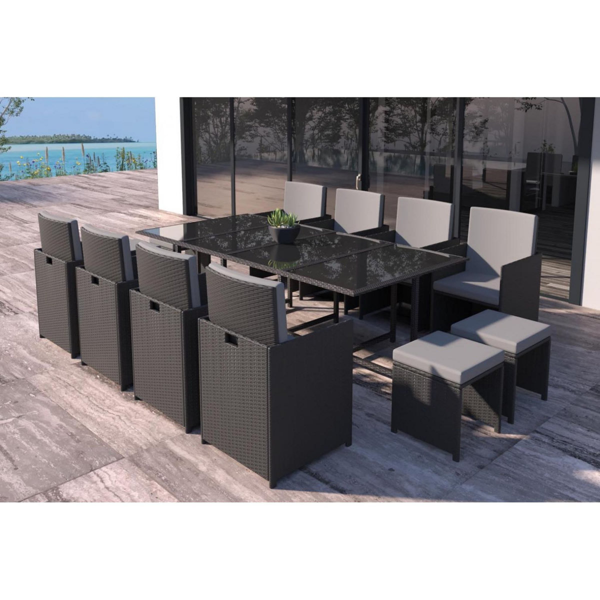 CONCEPT USINE Table et chaises 12 places en résine tressée noir et gris FLORIDA