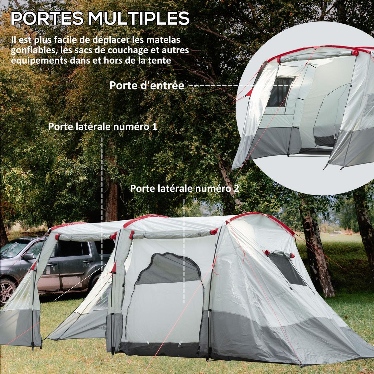 OUTSUNNY Tente de camping familiale 6-8 personnes - portes, fenêtres, sac de transport - dim. 5,1 x 2,4 x 1,8 cm - gris clair