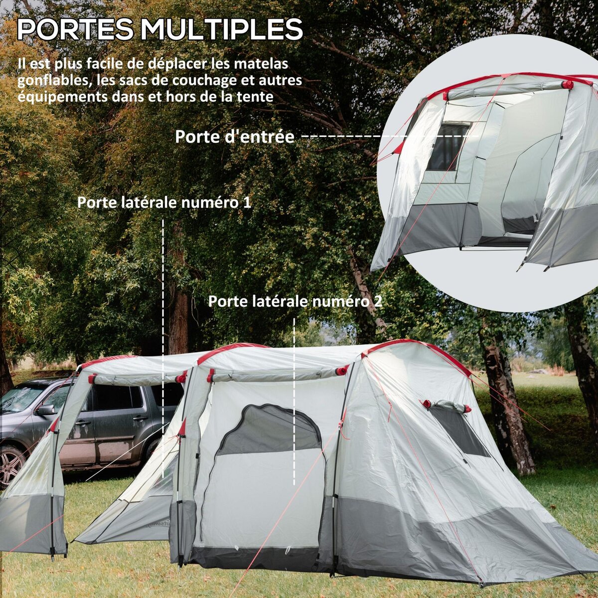 OUTSUNNY Tente de camping familiale 6-8 personnes - portes, fenêtres, sac de transport - dim. 5,1 x 2,4 x 1,8 cm - gris clair