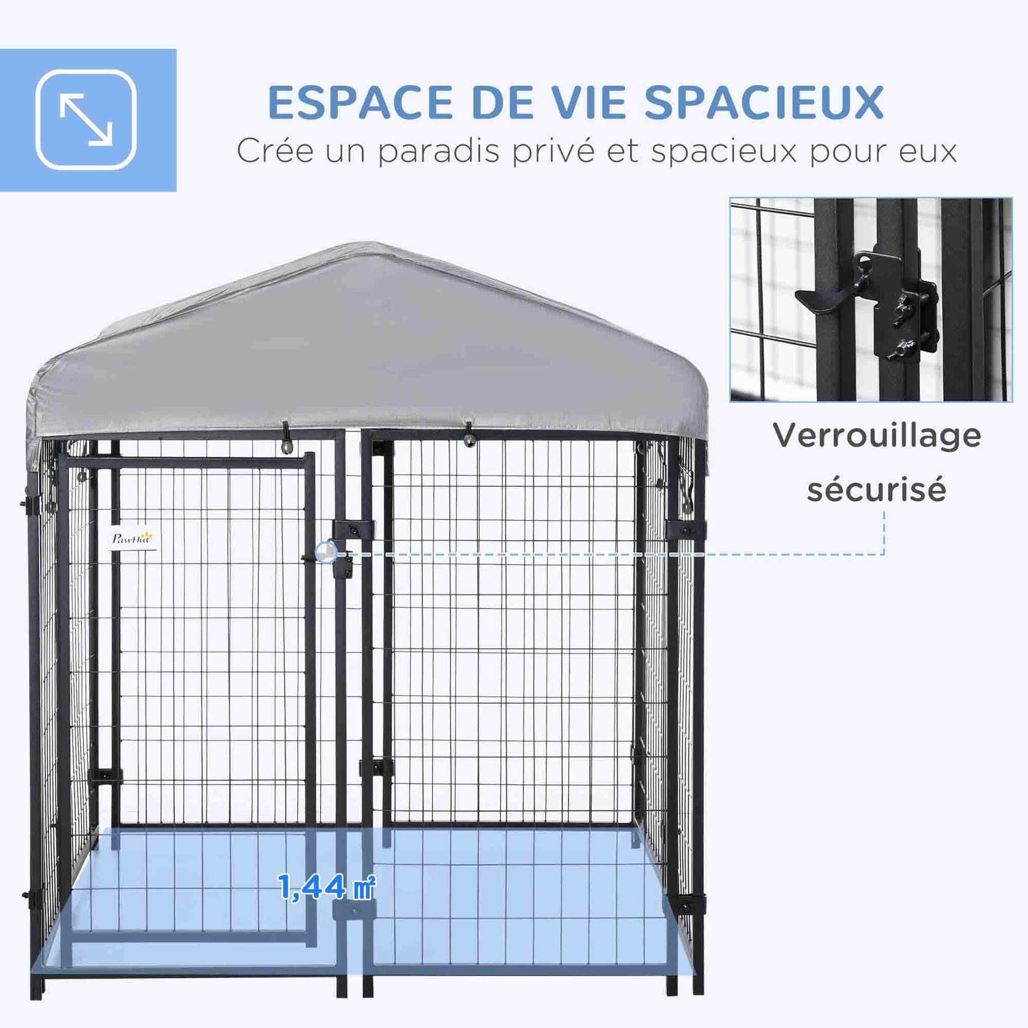 Voir la diapositive 5 : PAWHUT Chenil cage enclos chien entièrement couvert - porte verrouillable - 120 x 120 x 138cm - gris métal noir