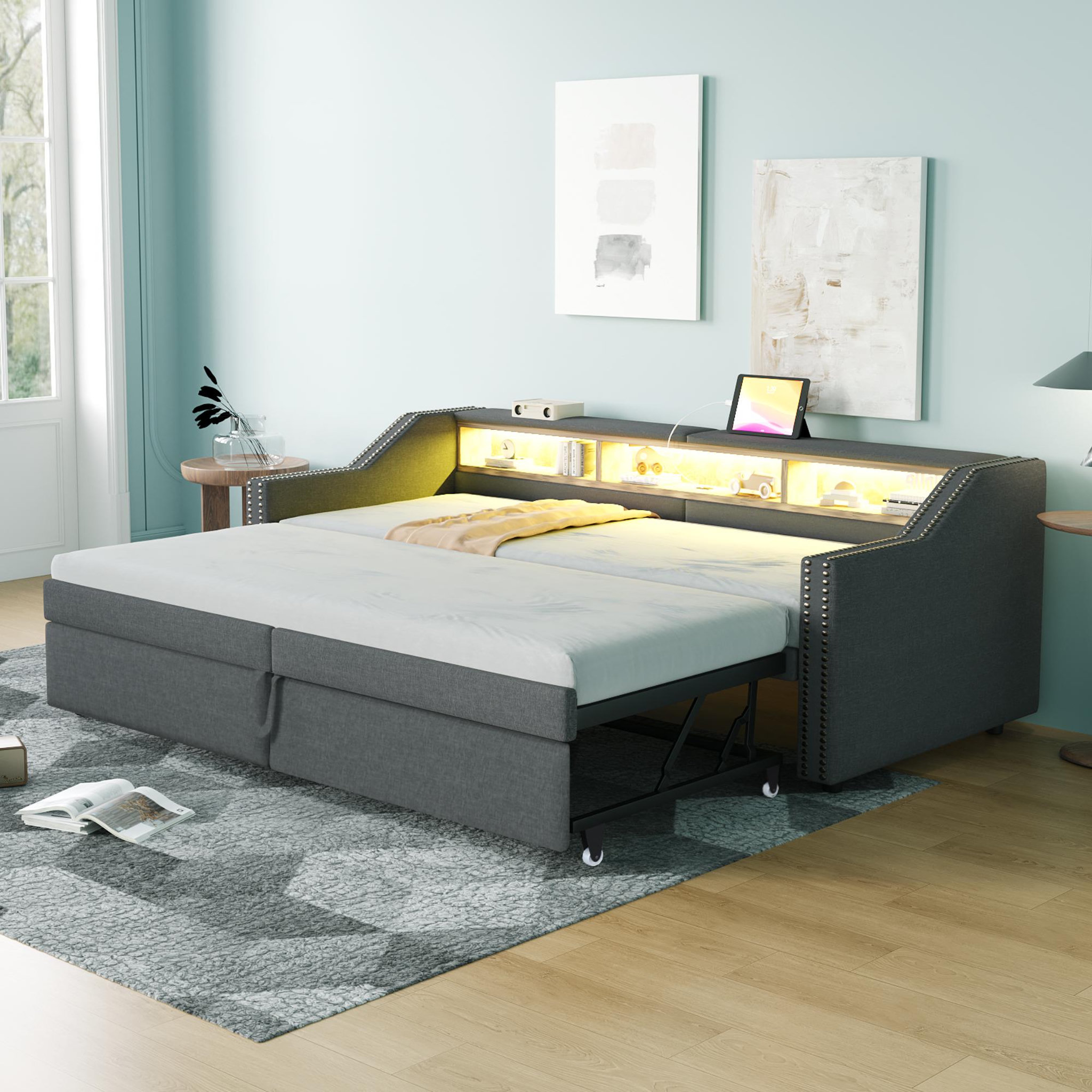 Voir la diapositive 2 : MERAX Lit banquette gigogne rembourré 90x200cm