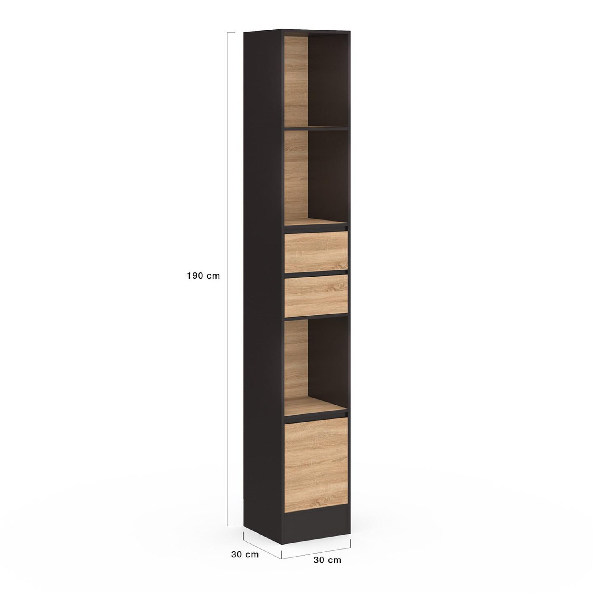 Voir la diapositive 5 : ID MARKET Etagère bibliothèque carla 3 étagères 2 tiroirs 1 placard noir et effet bois 190 cm
