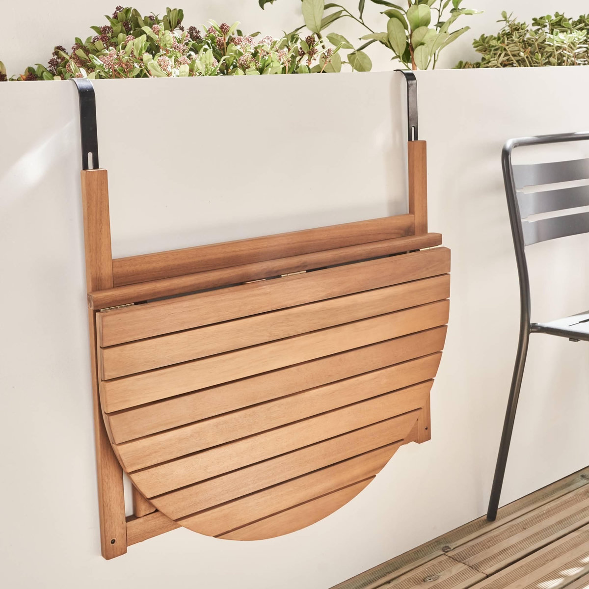 SWEEEK Table d'appoint en bois pour balcon. semi-arrondie. rabattable. hauteur ajustable