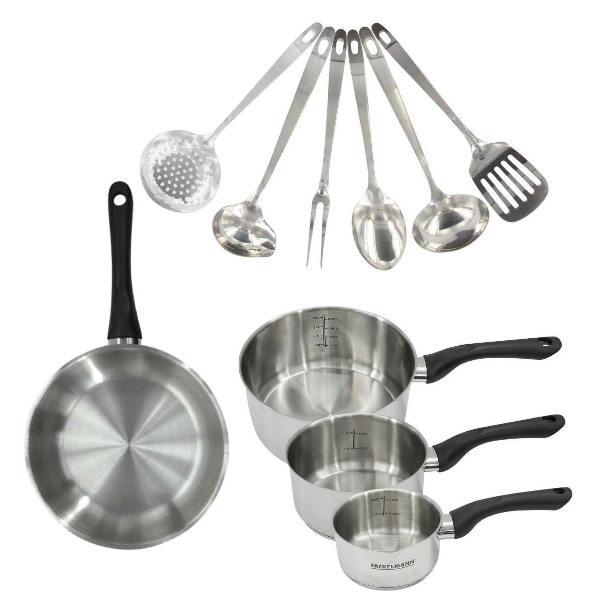 Fackelmann Set 1 poêle 24 cm, 3 casseroles en inox et 6 ustensiles inox fackelmann geneva