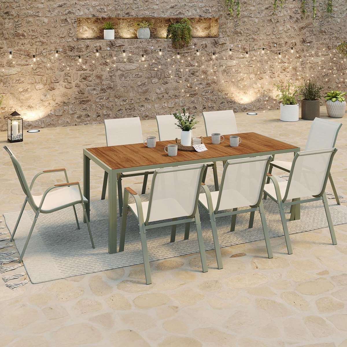 ID MARKET Salon de jardin NOUMEA table 190 cm plateau verre trempé effet bois et 8 chaises empilables vert et bois