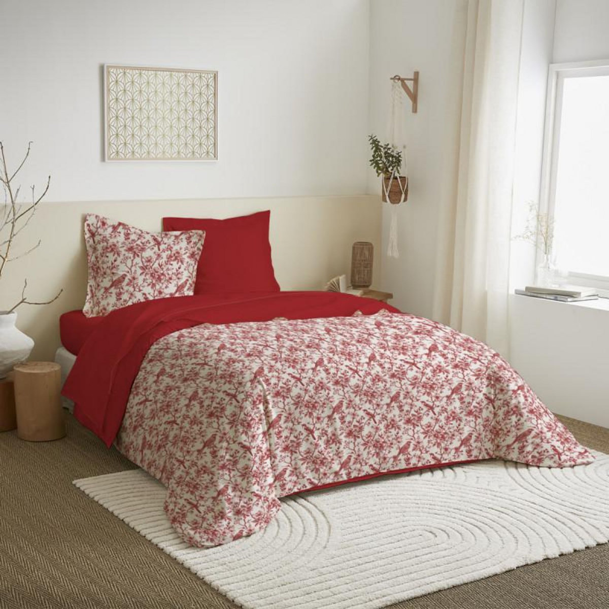 COTON PUR Parure de draps 4 pièces pour lit 140 x 190 cm Bérengère rouge