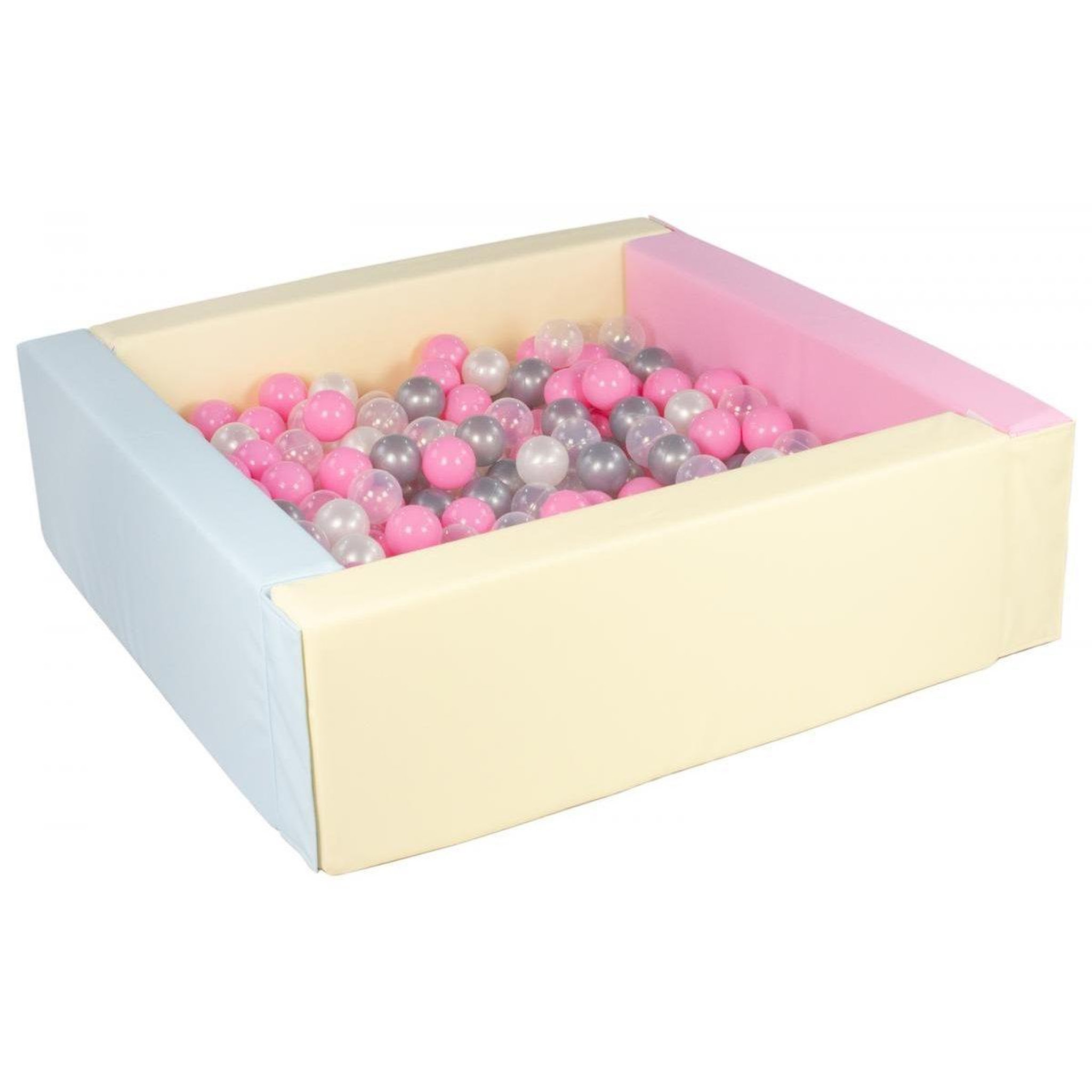 VELINDA Piscine à balles carrée avec 300 balles - rose, bleu, jaune p/perle, transparent, rose clair, argent