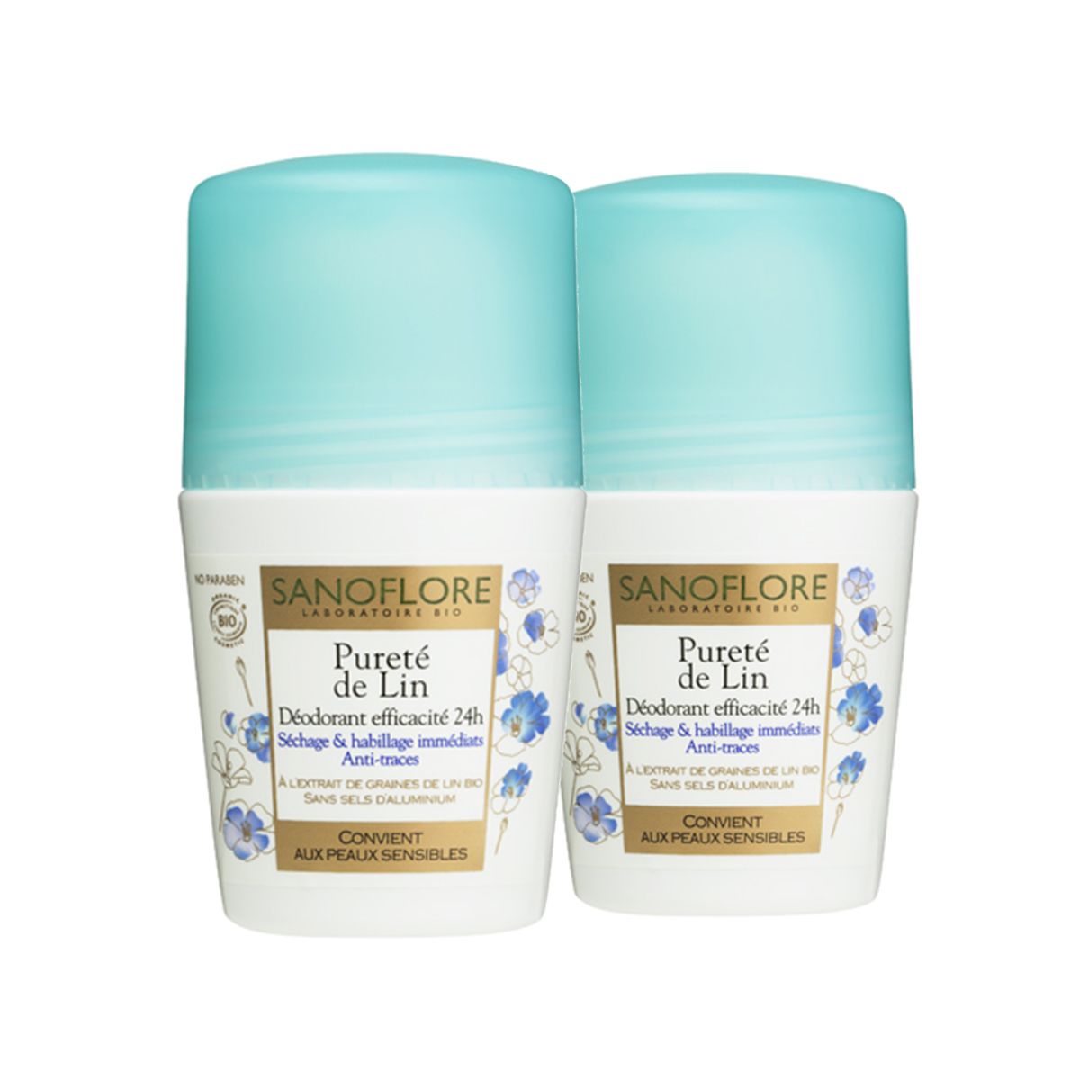 SANOFLORE PURETE DE LIN Déodorant roll-on efficacité 24h - Certifié Bio 50 ml - (Lot de 2)