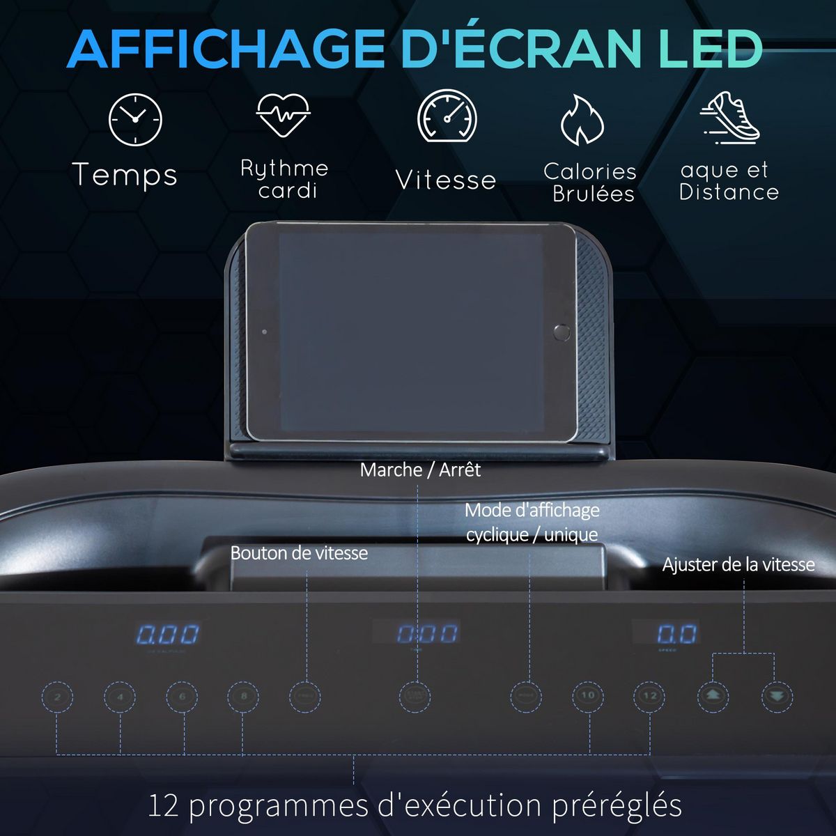 HOMCOM Tapis de course électrique pliable 1-14Km/h 550W grand écran LED multifonction 12 programmes clé sécurité acier ABS noir