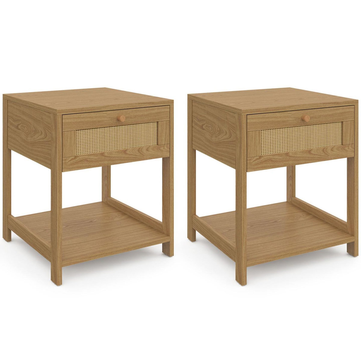ID MARKET Lot de 2 tables de chevet HANAE vintage 1 tiroir avec tablette effet naturel cannage