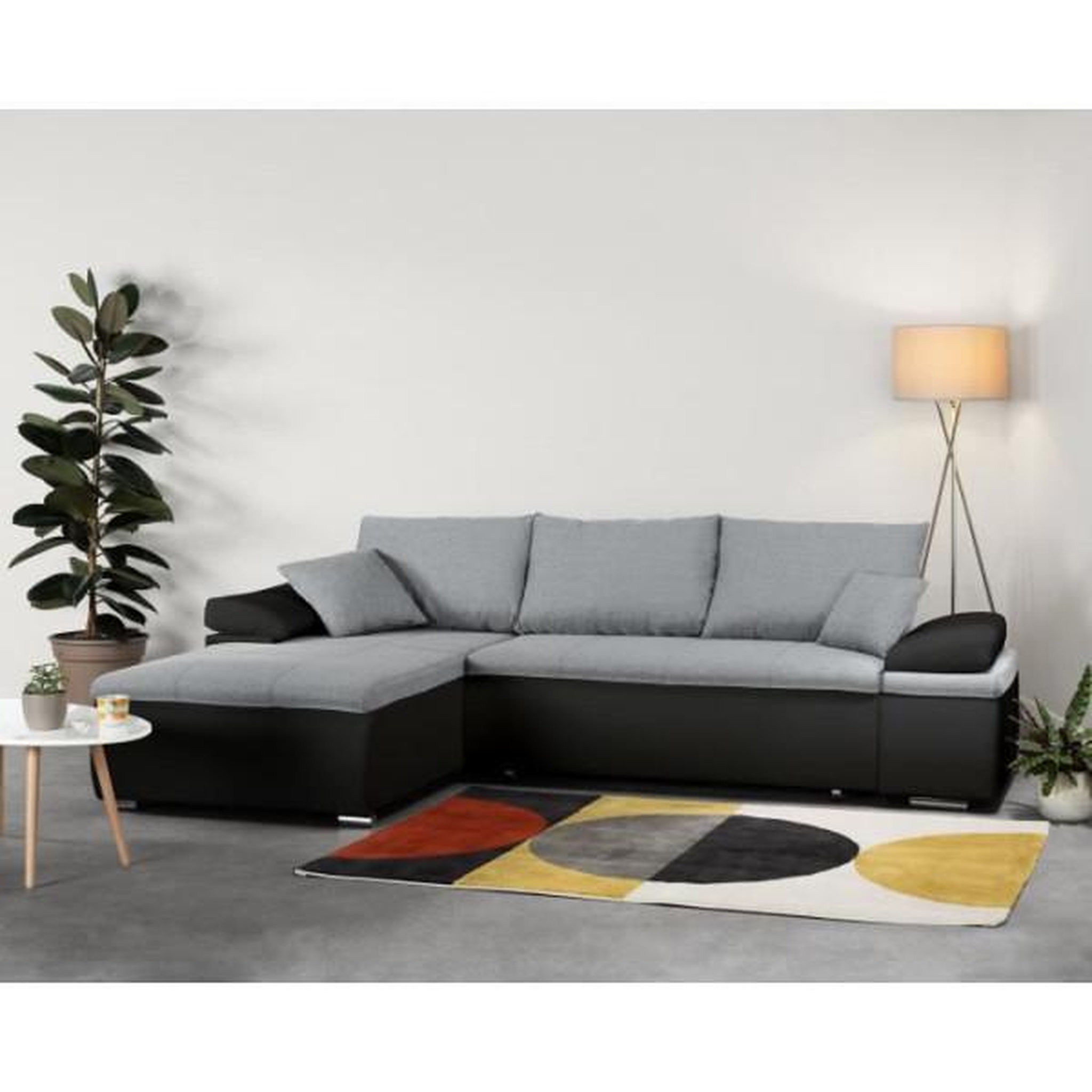 Voir la diapositive 2 : MARKET24 Canapé d'angle réversible convertible 3 places+Coffre - Simili noir et tissu gris - L 274 x P 184 cm - CELINA - Fabriqué en U