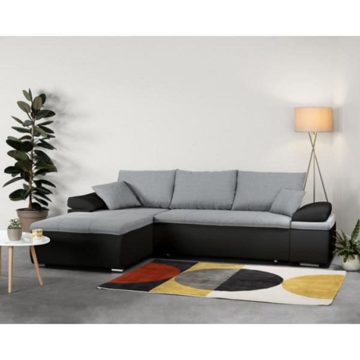 MARKET24 Canapé d'angle réversible convertible 3 places+Coffre - Simili noir et tissu gris - L 274 x P 184 cm - CELINA - Fabriqué en U