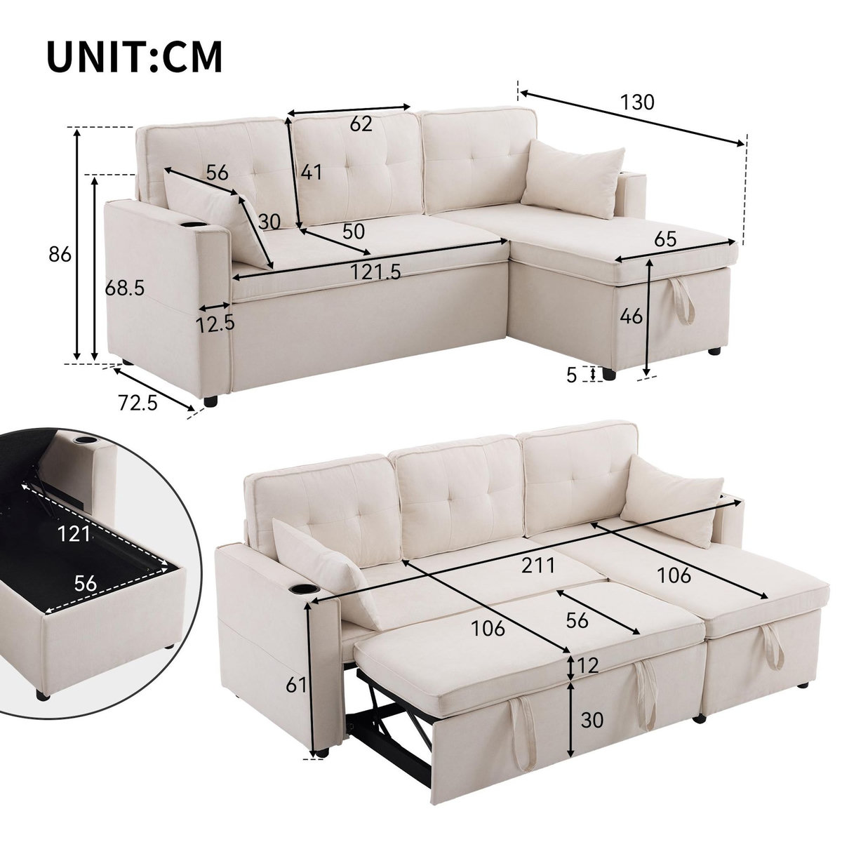 MERAX Canapé d'angle réversible convertible 3 places coton et lin coffre de rangement