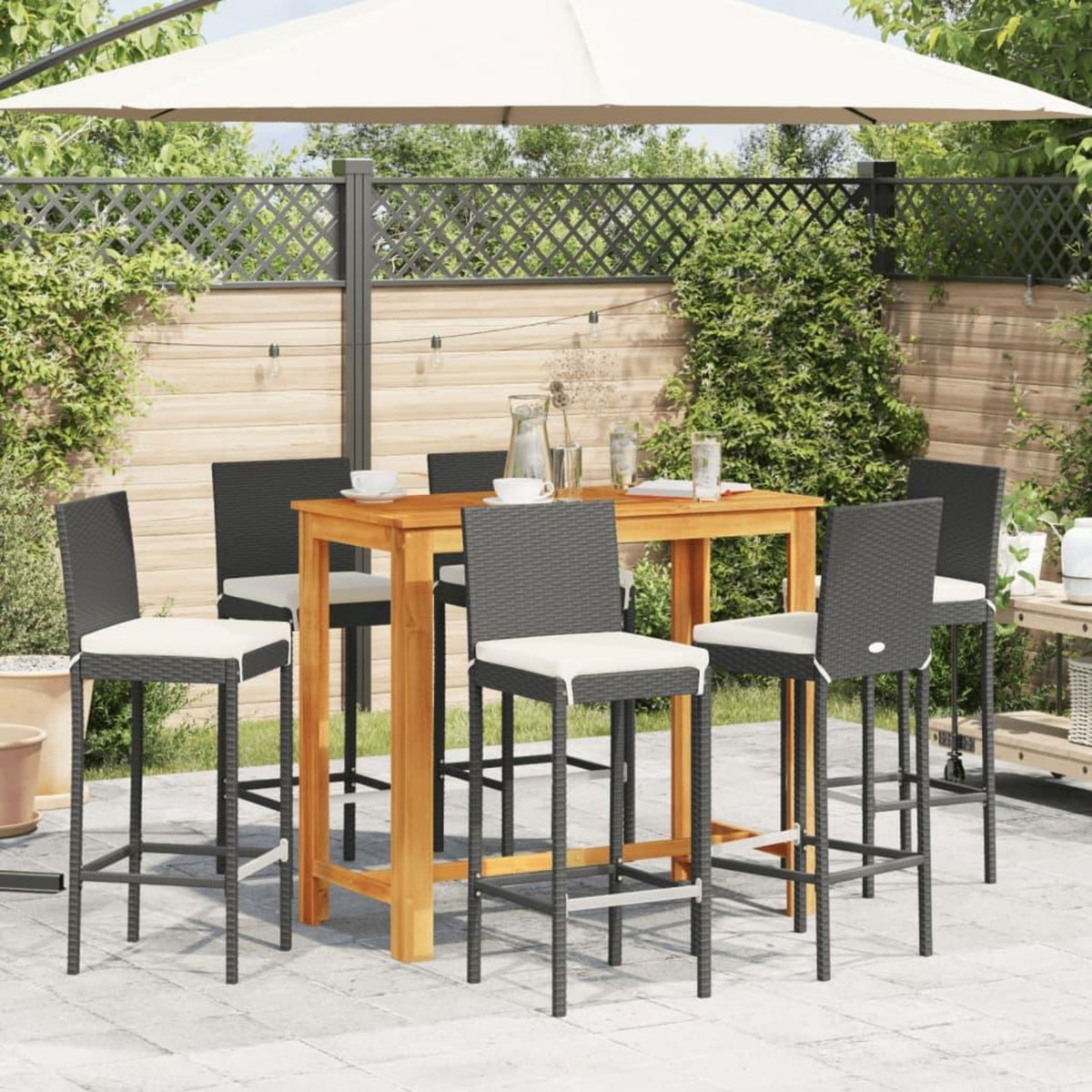 VIDAXL Ensemble de bar de jardin 7 pcs noir bois massif acacia rotin