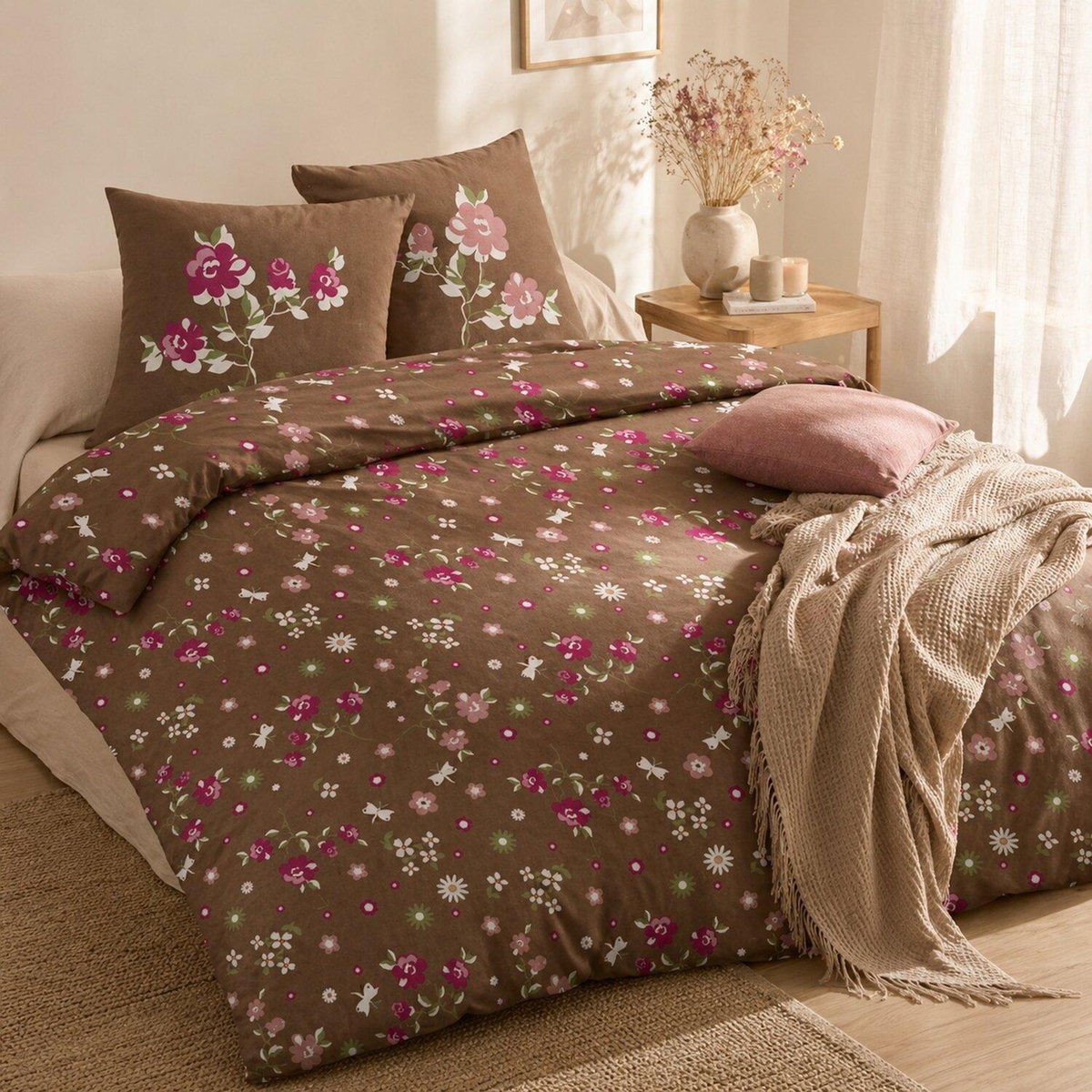 Home collection Parure housse de couette 3pcs 240x220cm 100%coton 52fils lea taupe