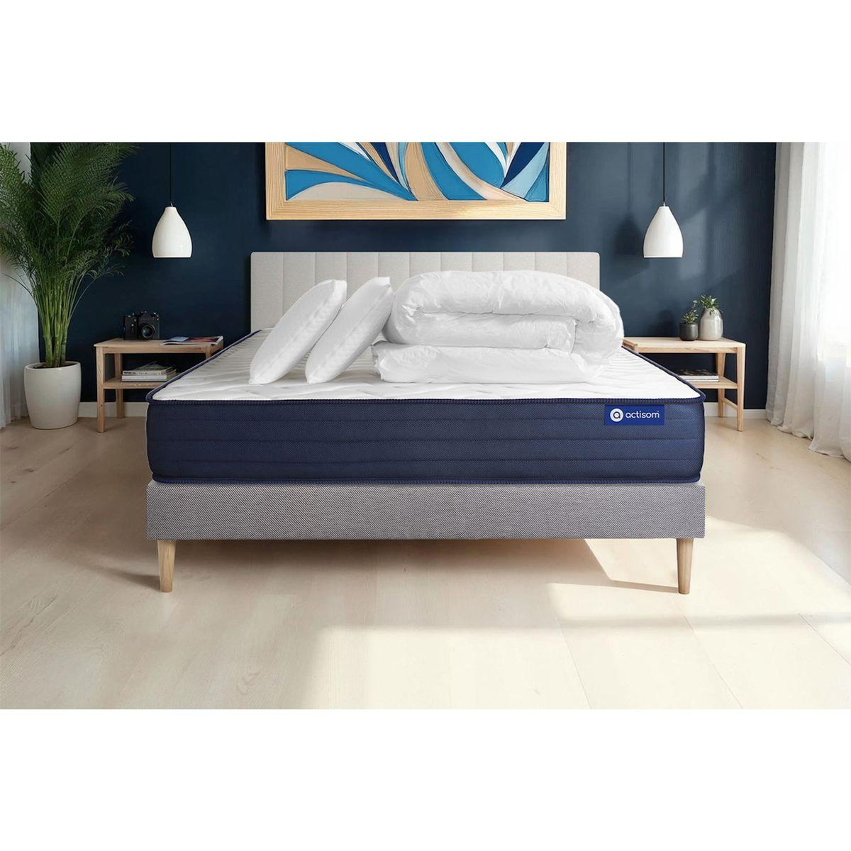 ACTISOM Pack prêt à dormir matelas ACTIFLEX LIFE 140x190 Ressorts ensachés + Mémoire de forme + sommier KIT gris +2oreillers+couette