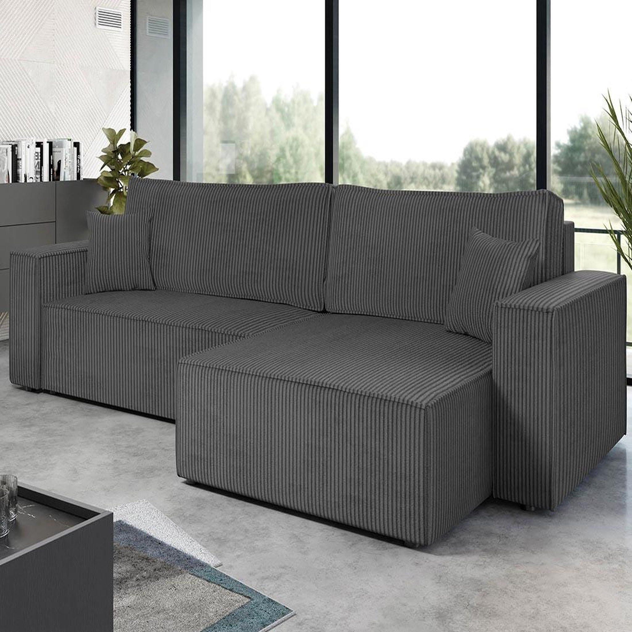 Voir la diapositive 2 : BEST MOBILIER Cezanne - canapé d'angle réversible 5 places convertible avec coffre en velours côtelé