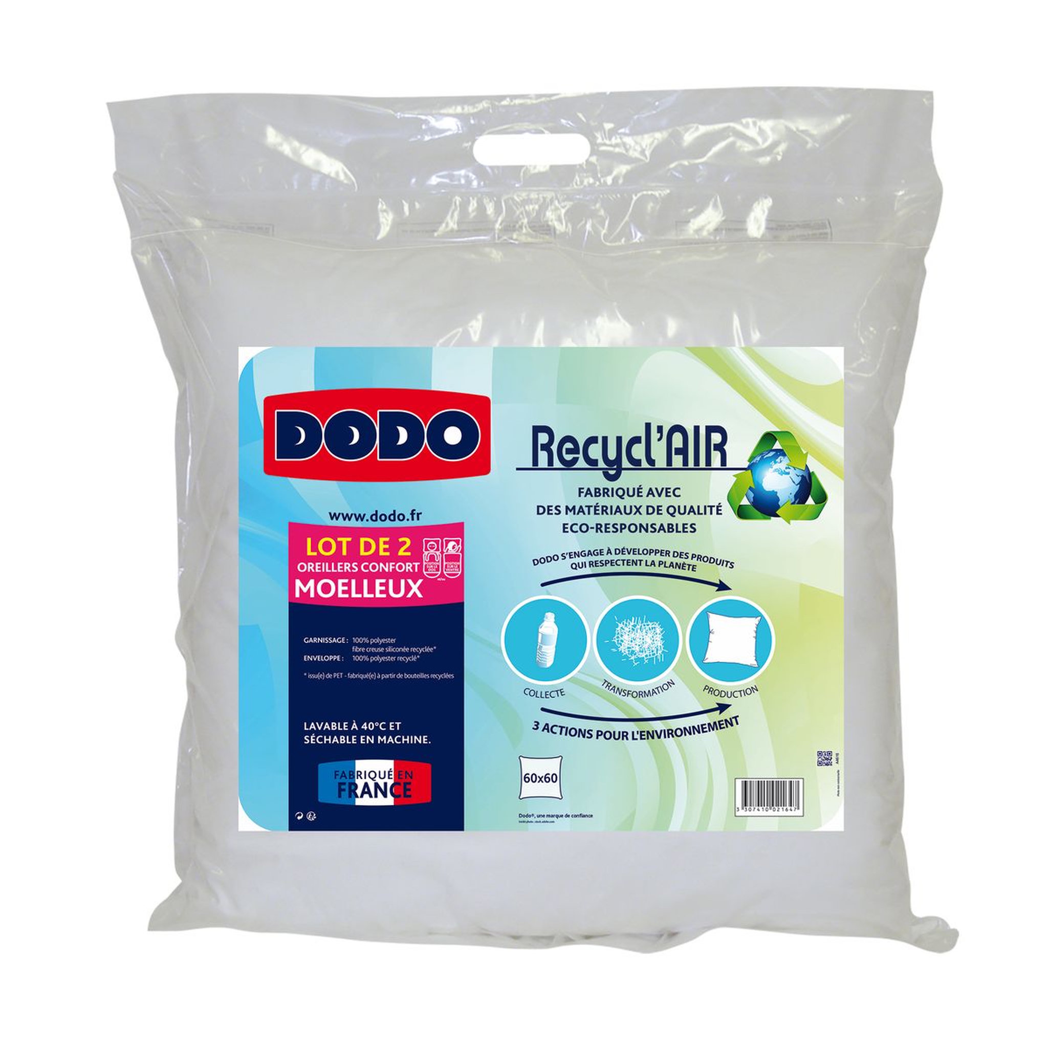 Voir la diapositive 1 : DODO Lot de 2 oreillers confort moelleux  RECYCL'AIR