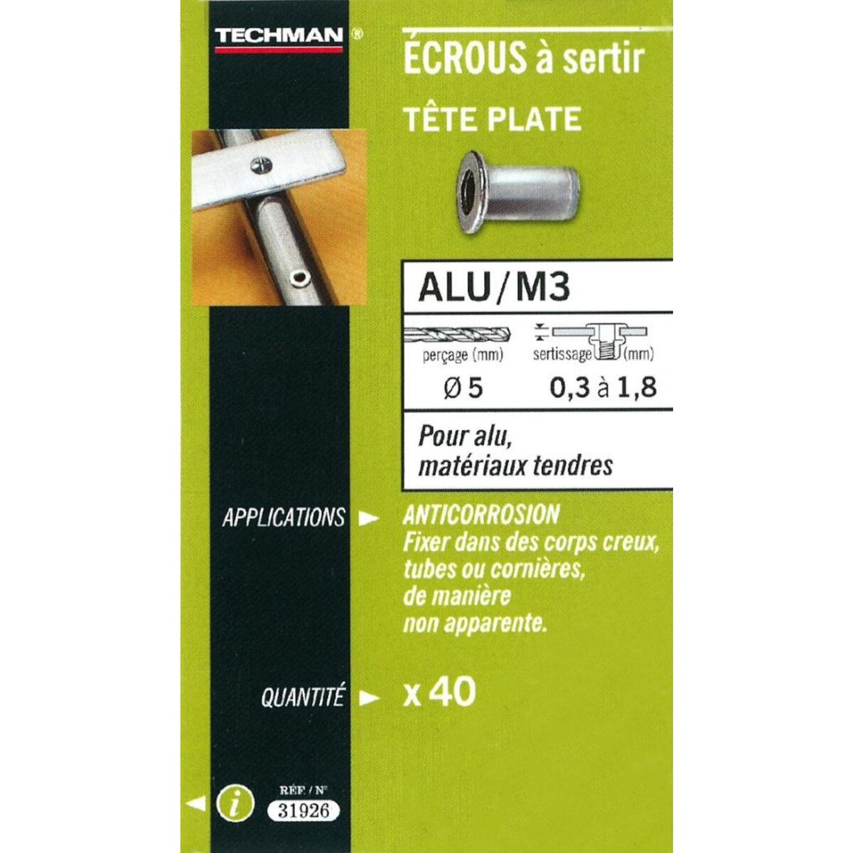 TECHMAN 35 écrous M5 à sertir alu avec tête plate
