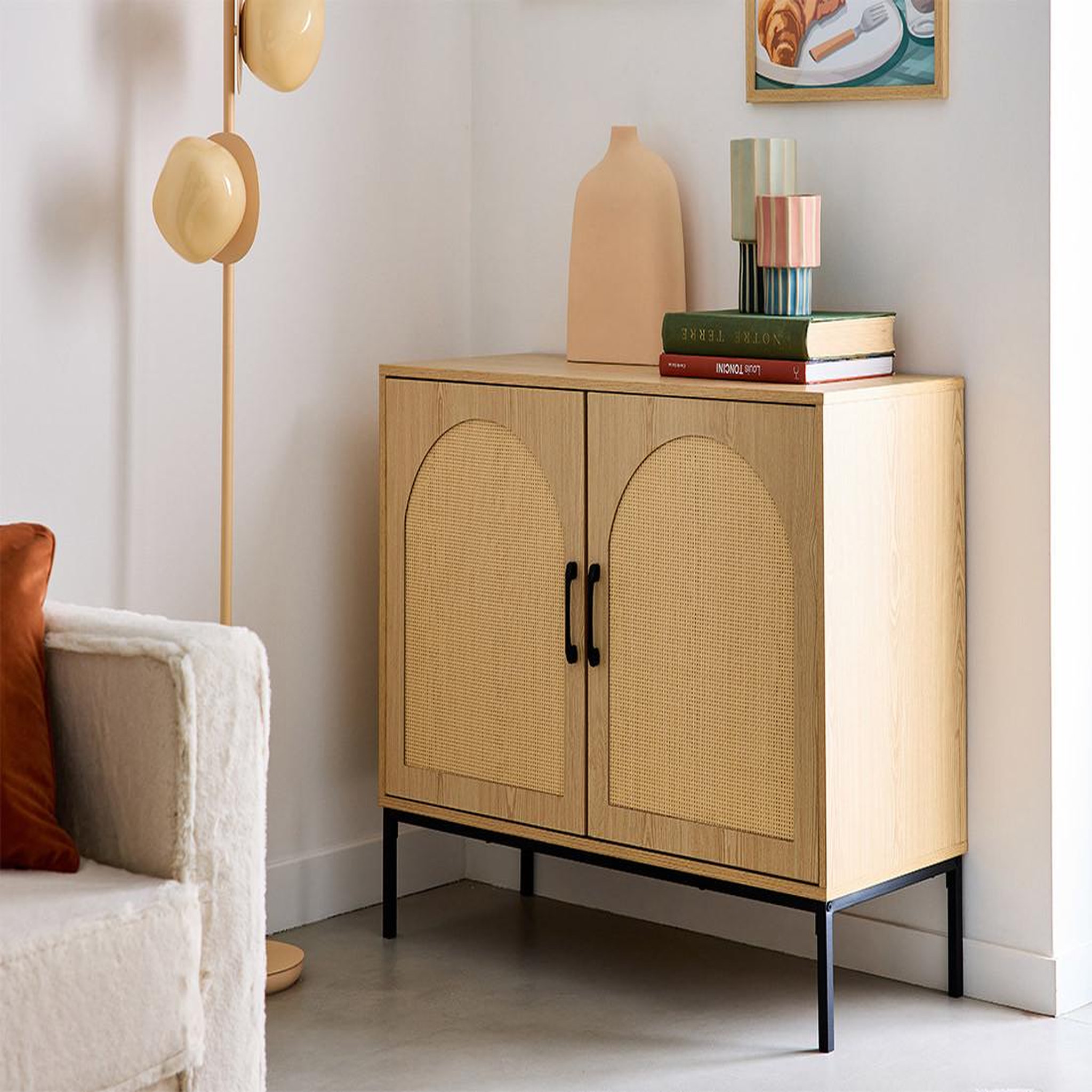 Voir la diapositive 3 : BEST MOBILIER Nagato - buffet bas - cannage et effet bois - 2 portes - 100 cm