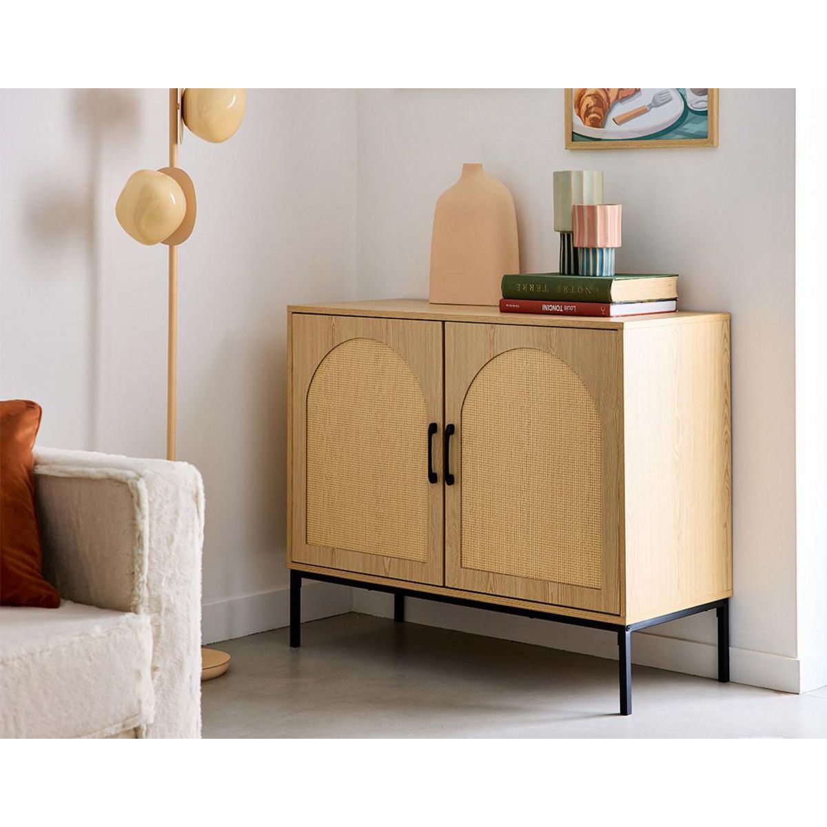 BEST MOBILIER Nagato - buffet bas - cannage et effet bois - 2 portes - 100 cm