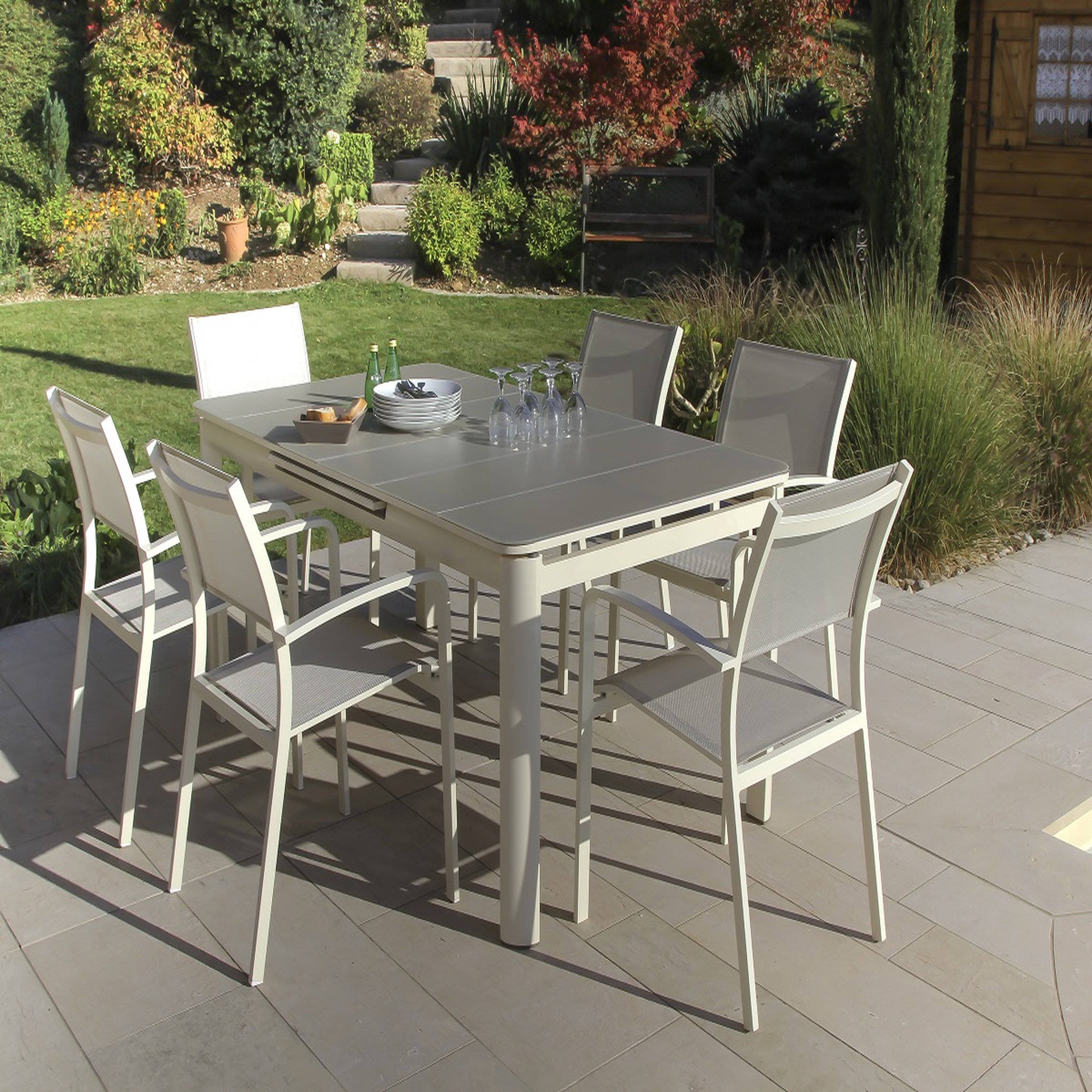 JARDILINE Table de jardin extensible - 8/10 places - Aluminium/Verre - Ivoire