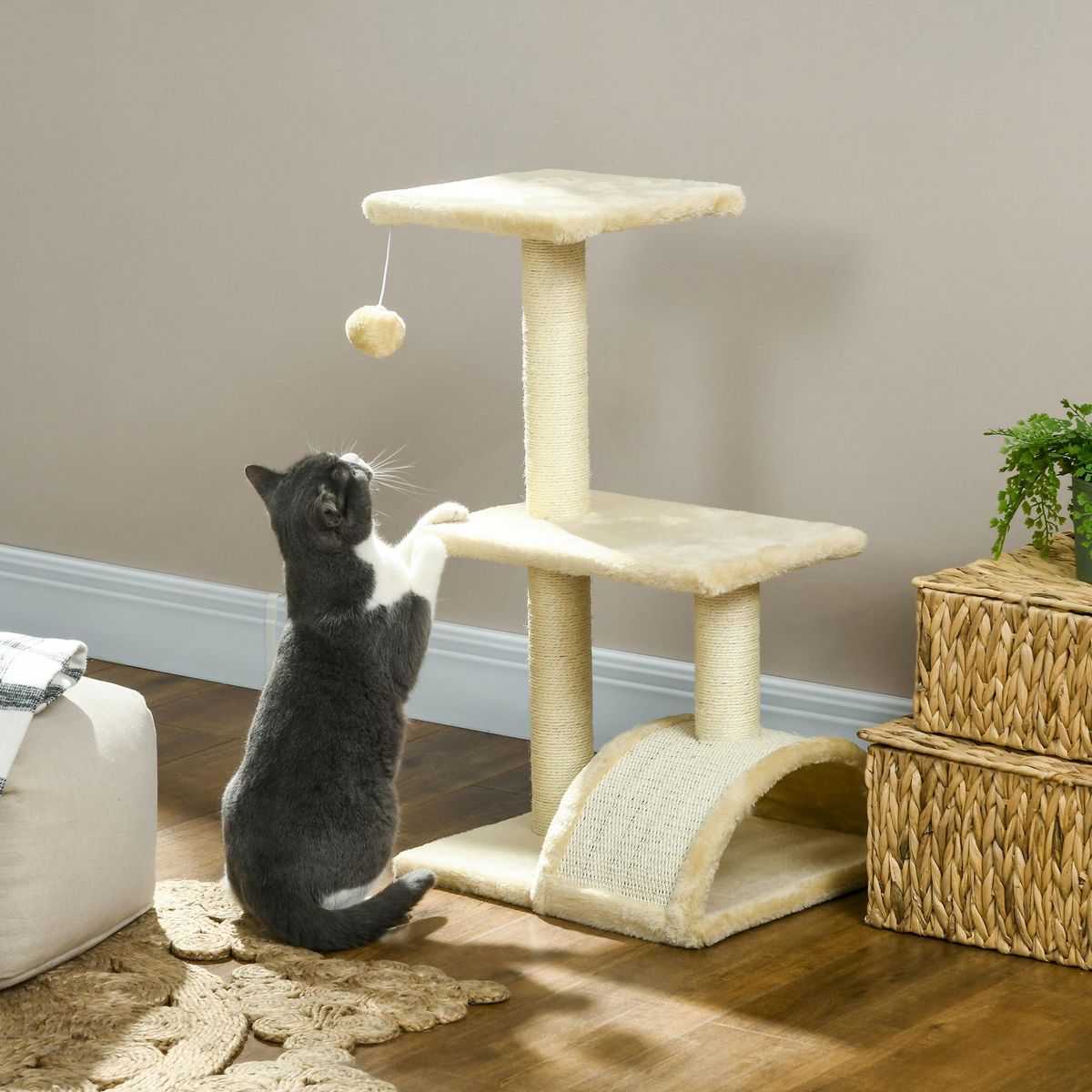 PAWHUT Arbre à chat griffoir grattoir design jeu boule suspendue 2 plateformes peluche sisal naturel crème