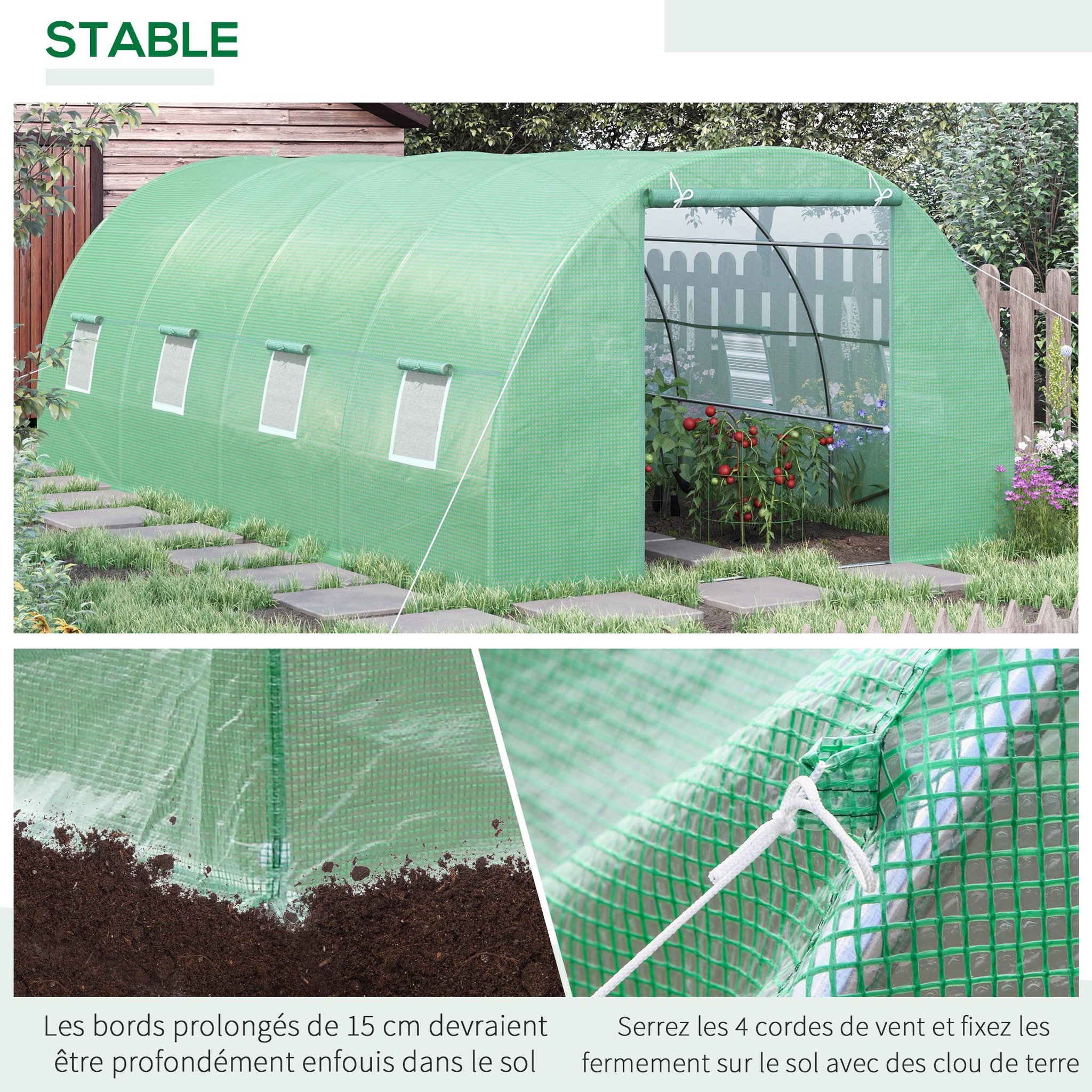 Voir la diapositive 6 : HOMCOM Serre de jardin tunnel 5,9l x 3l x 2h m châssis tubulaire acier galvanisé renforcé 2,5 cm 8 fenêtres 1 porte vert