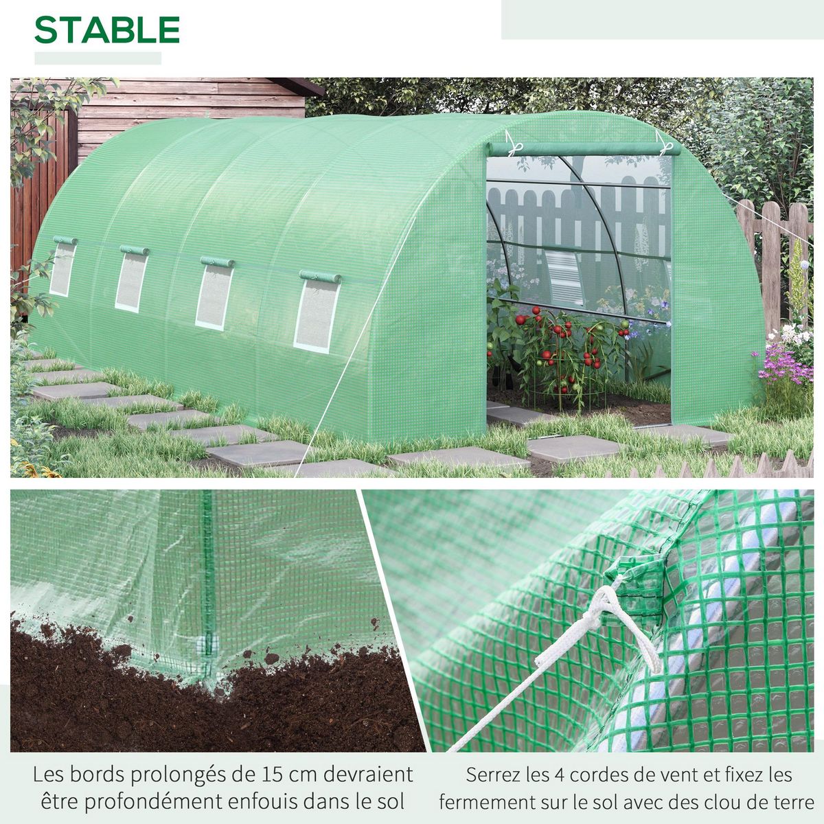 HOMCOM Serre de jardin tunnel 5,9L x 3l x 2H m châssis tubulaire acier galvanisé renforcé 2,5 cm 8 fenêtres 1 porte vert