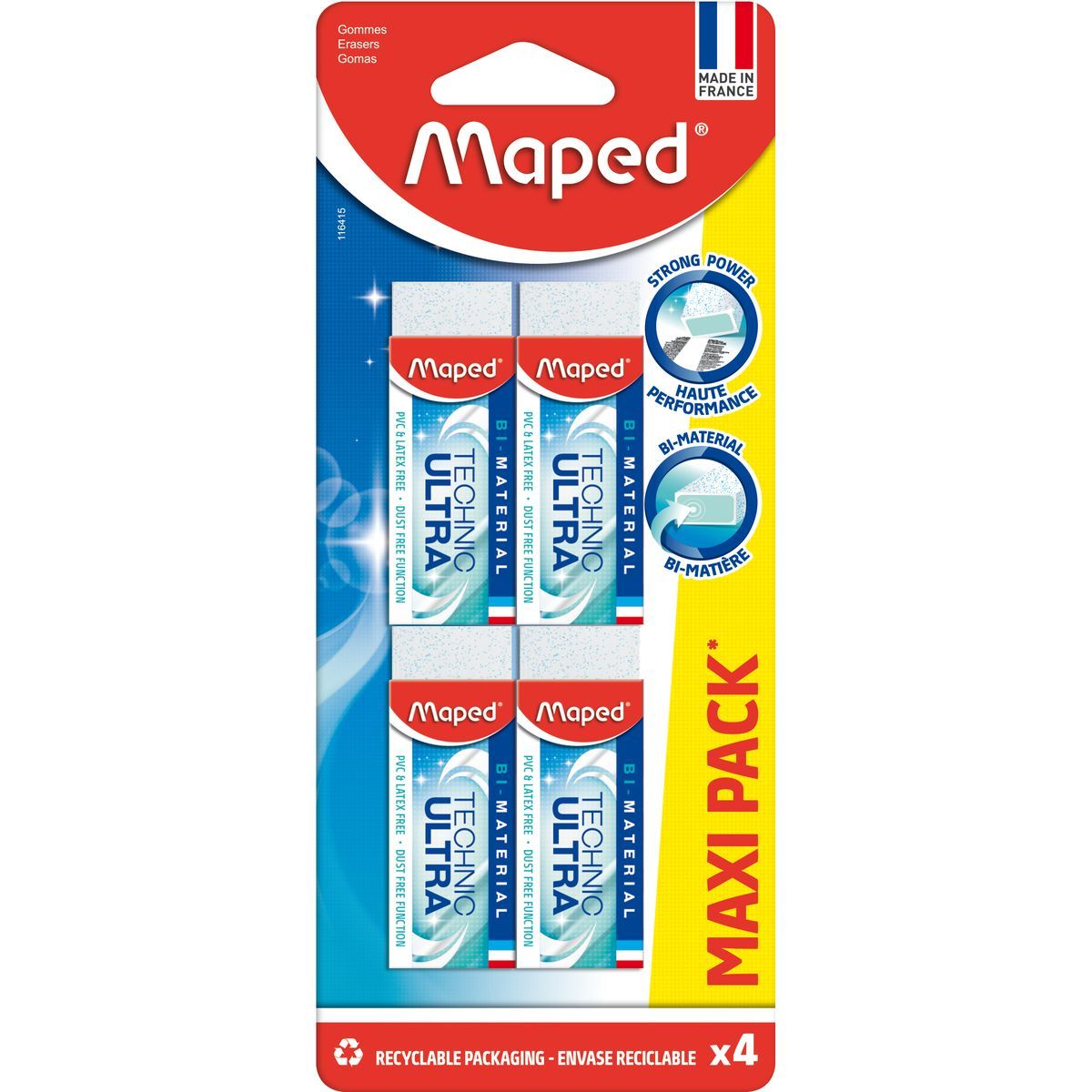 MAPED Lot de 4 gommes blanches bi-matière Technic Ultra