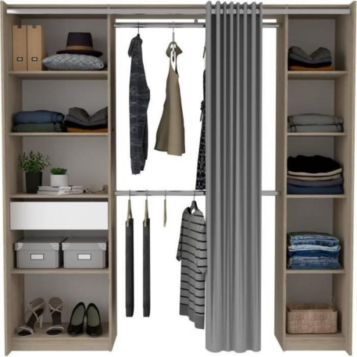 EKIPA EKIPA - Kit Dressing - 2 Colonnes - 1 tiroirs - 10 étageres - Décor Chene dakota blanc - 198 x 200,3 x 50 cm - GARANCE